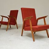 Pair of Uluv red Eastern Bloc armchairs, 1960s
