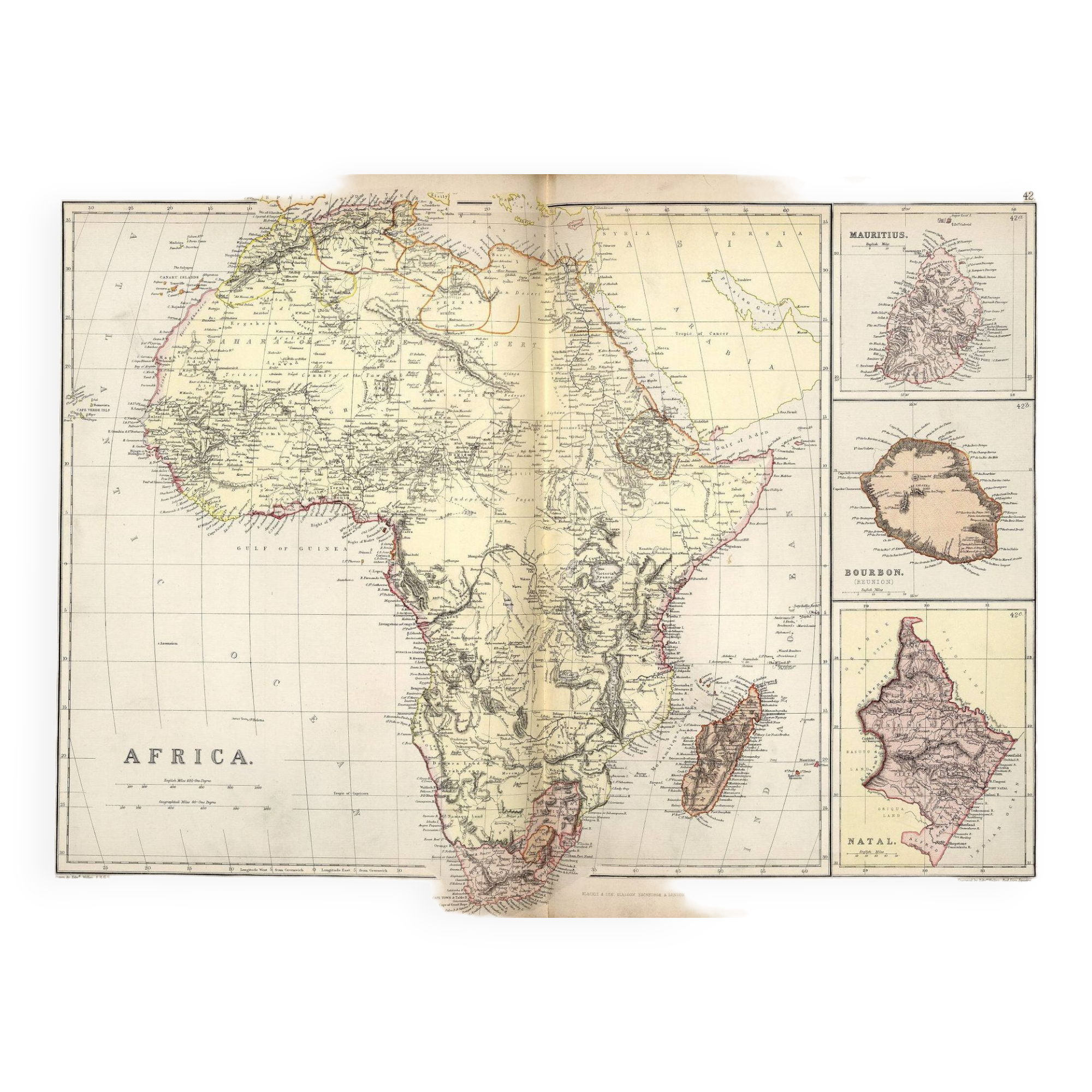 Antique map of Africa, Mauritius. Bourbon (Reunion) circa 1882, Blackie and Sons, Londn=on