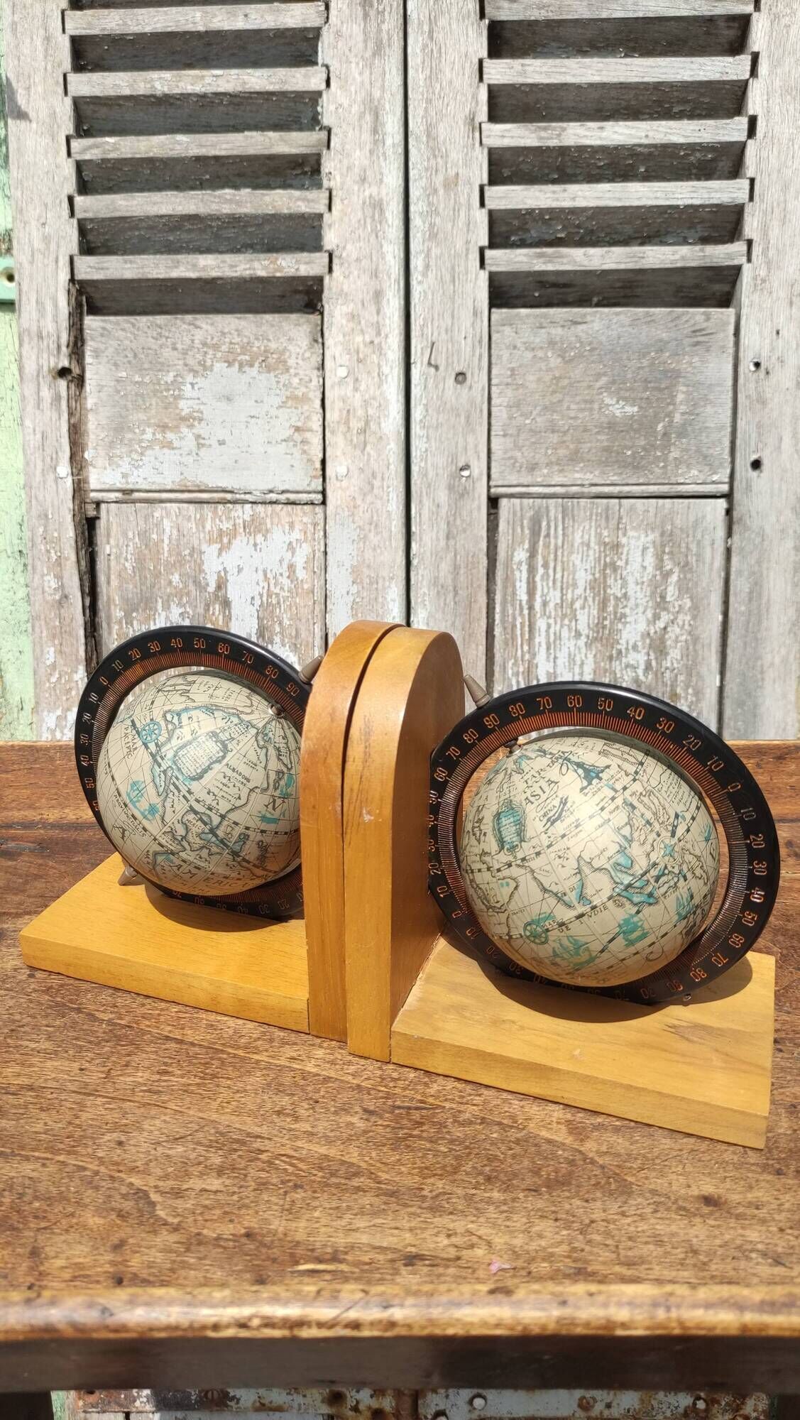 Pair of greenhouses vintage wooden books world map