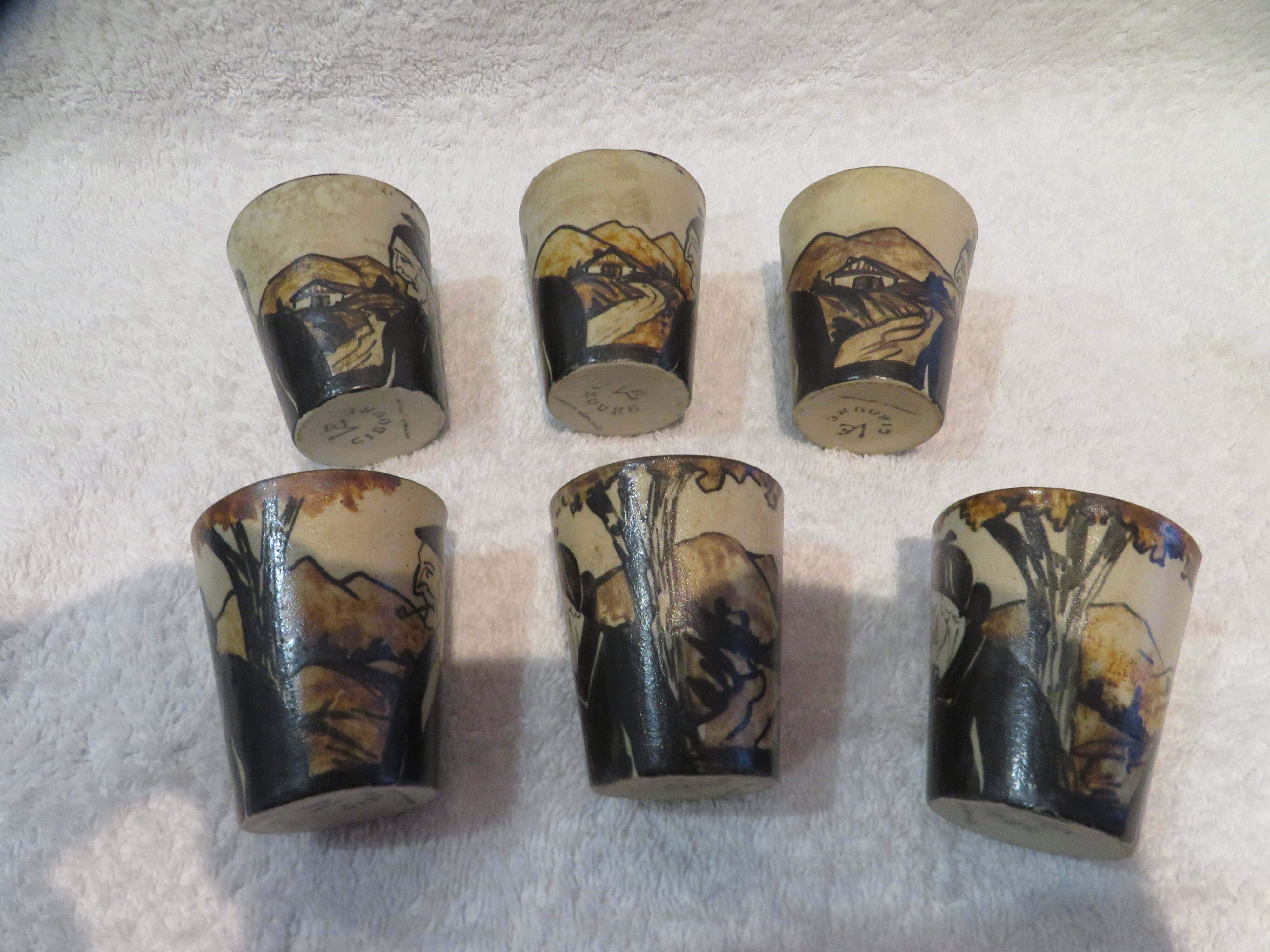 6 Ciboure stoneware liqueur goblets, Vilotte period, 6cl, h 5.8cm