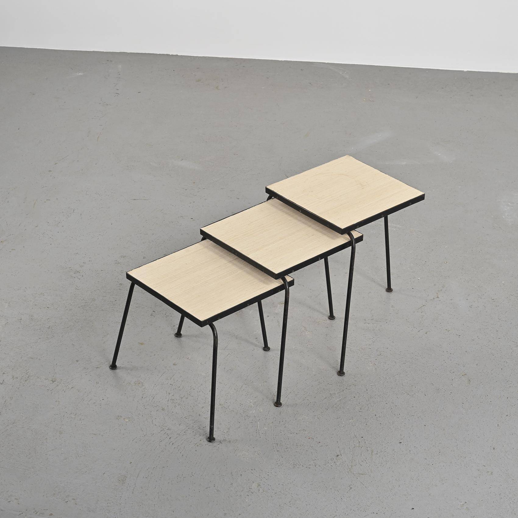 Set of 3 nesting tables in black lacquered metal, circa 1960