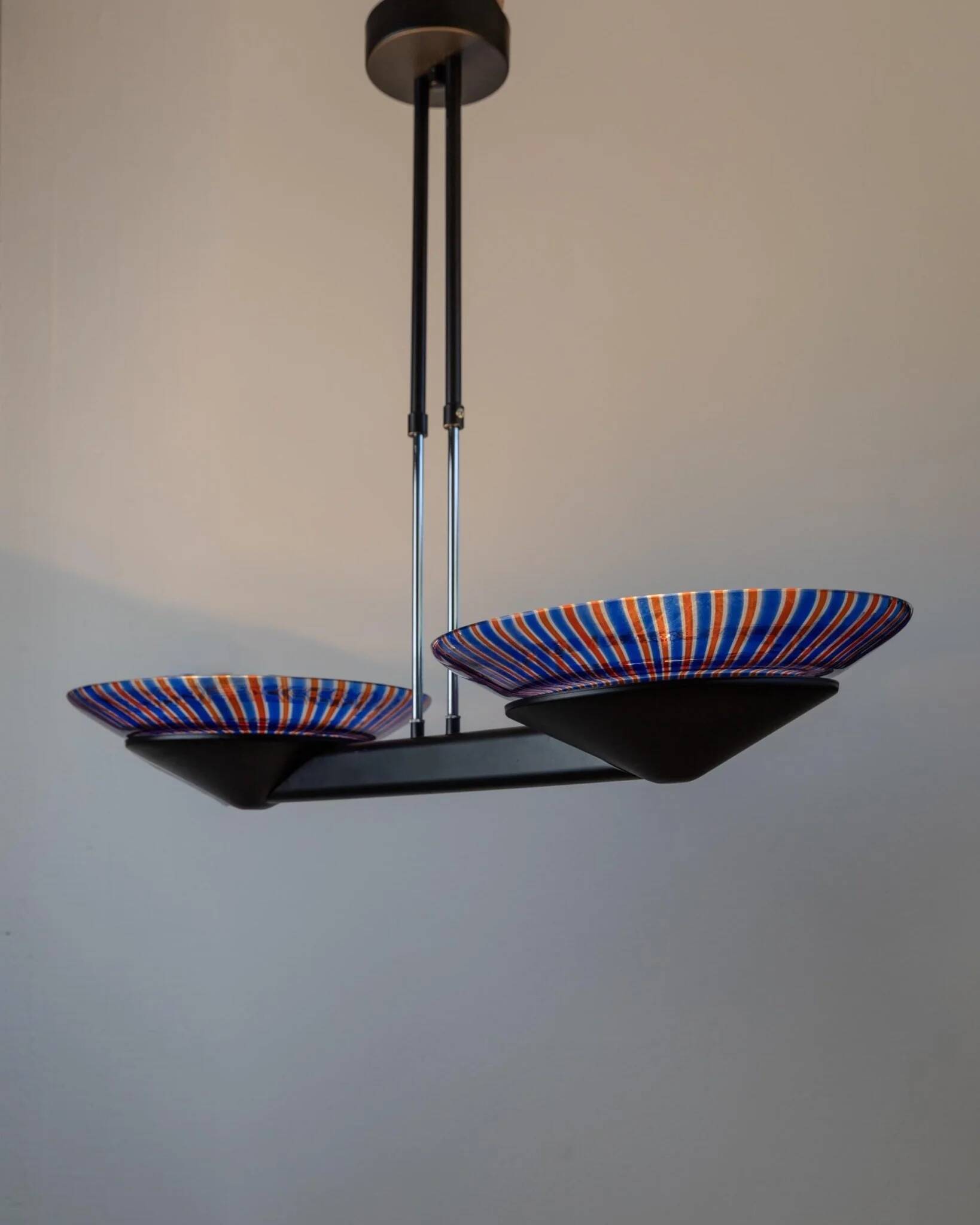 XXL vintage Murano glass chandelier - blue and red striped glass, black metal - Italy, Memphis style, 1980s