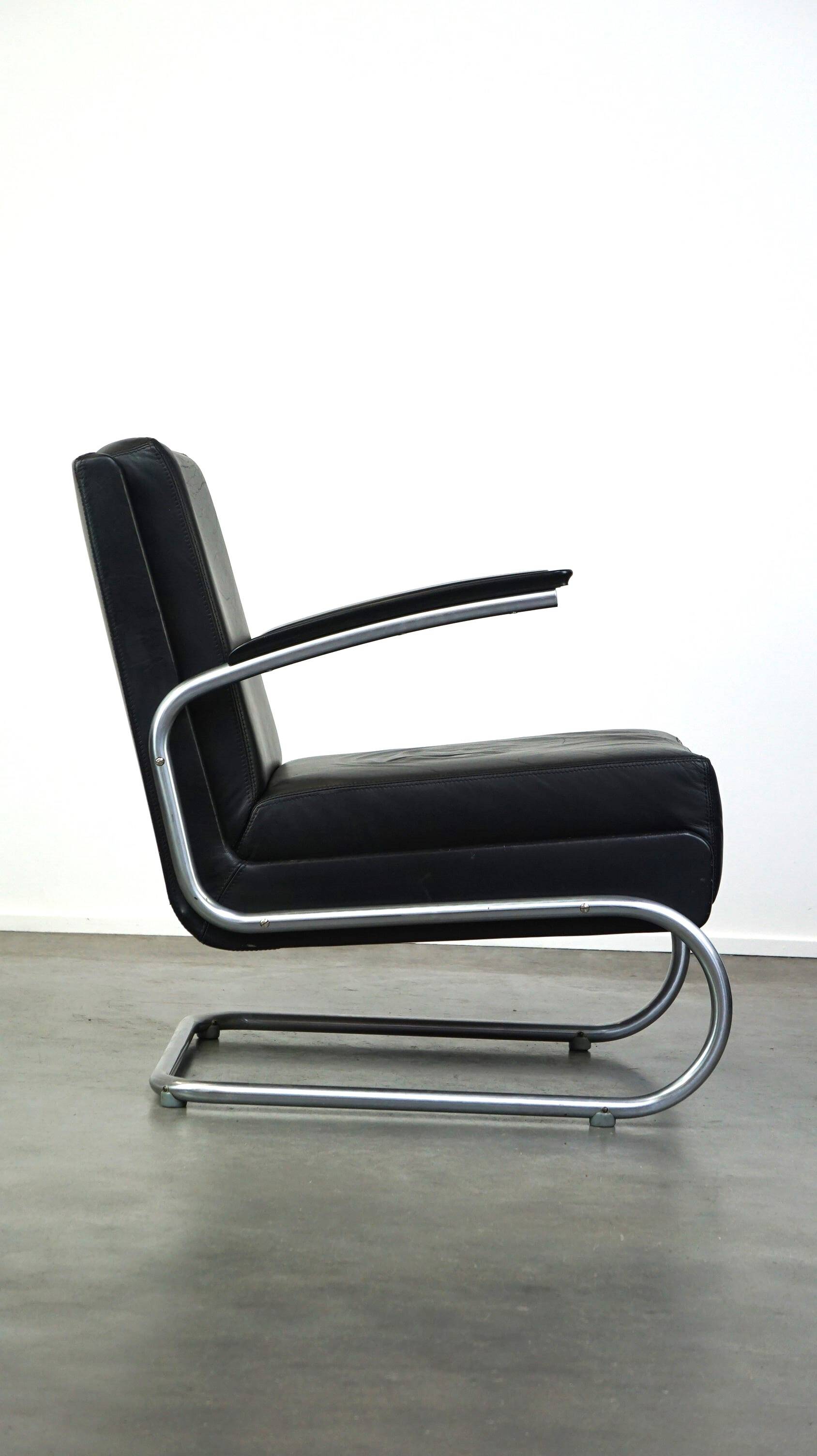 Vintage brown leather Bauhaus design armchair by Ahrend de Cirkel from the 1950s