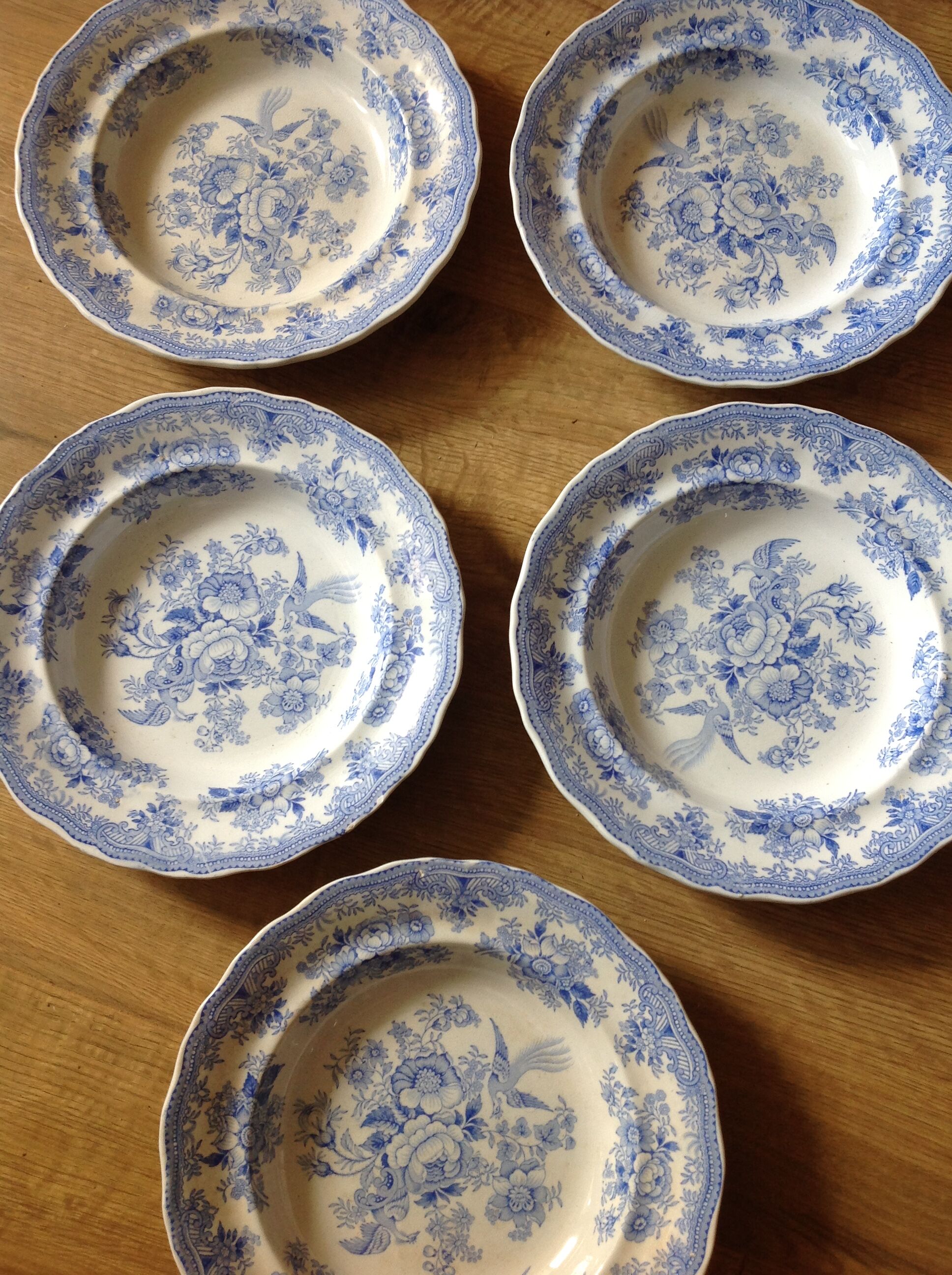 5 plates in faience old blue pattern flower bird