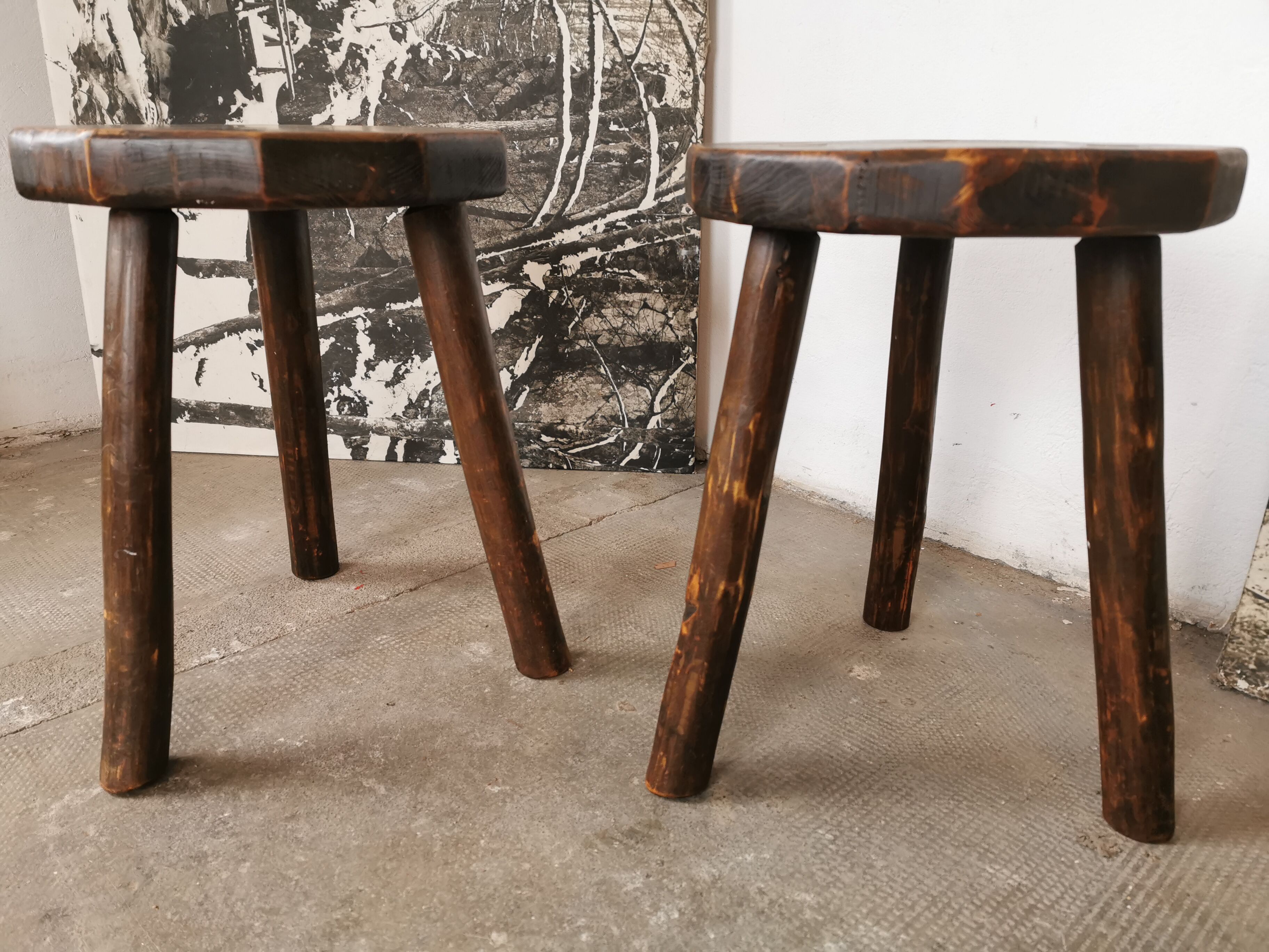 Pair of brutalist wooden stools