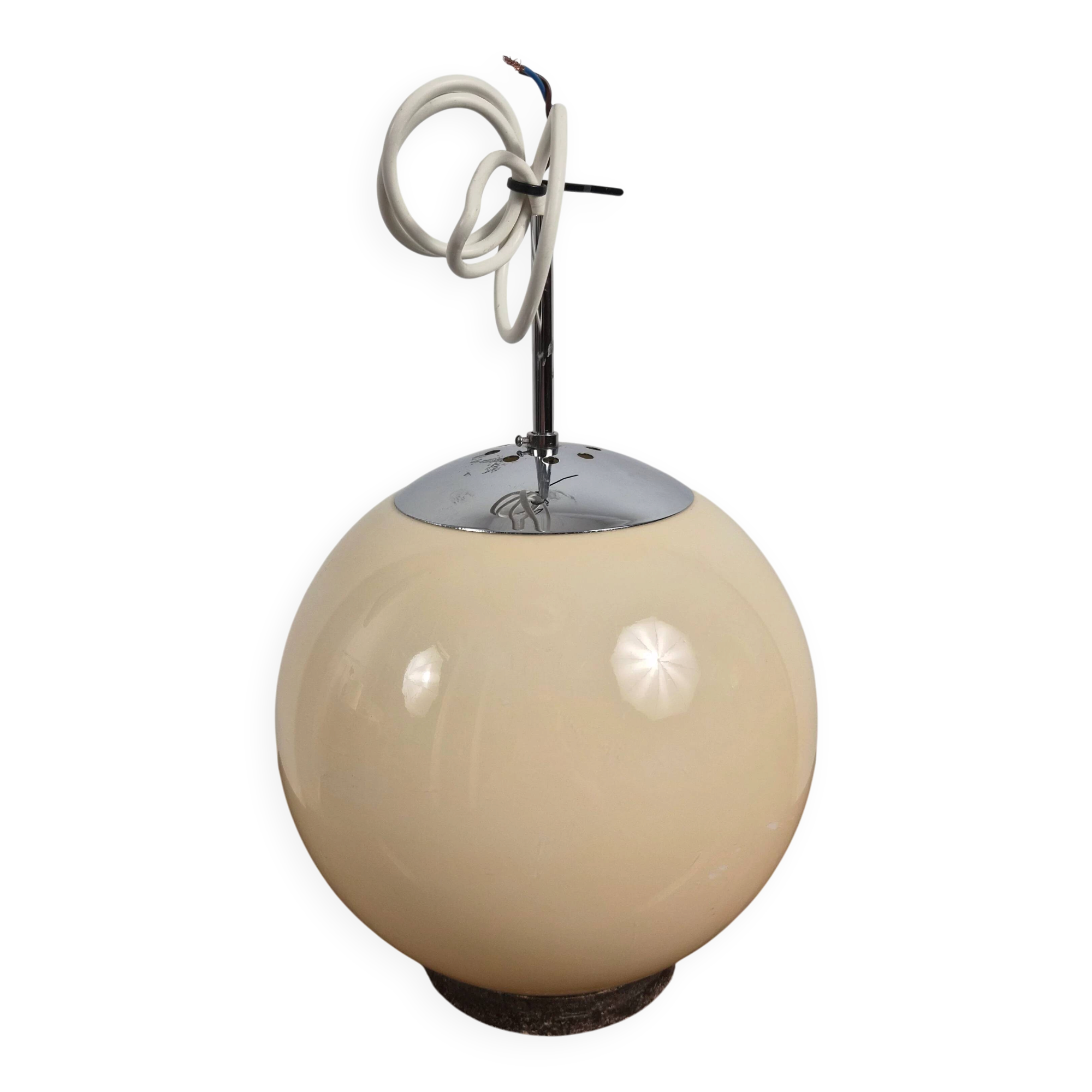 Cream and chrome glass suspension globe, Denmark, 1970.