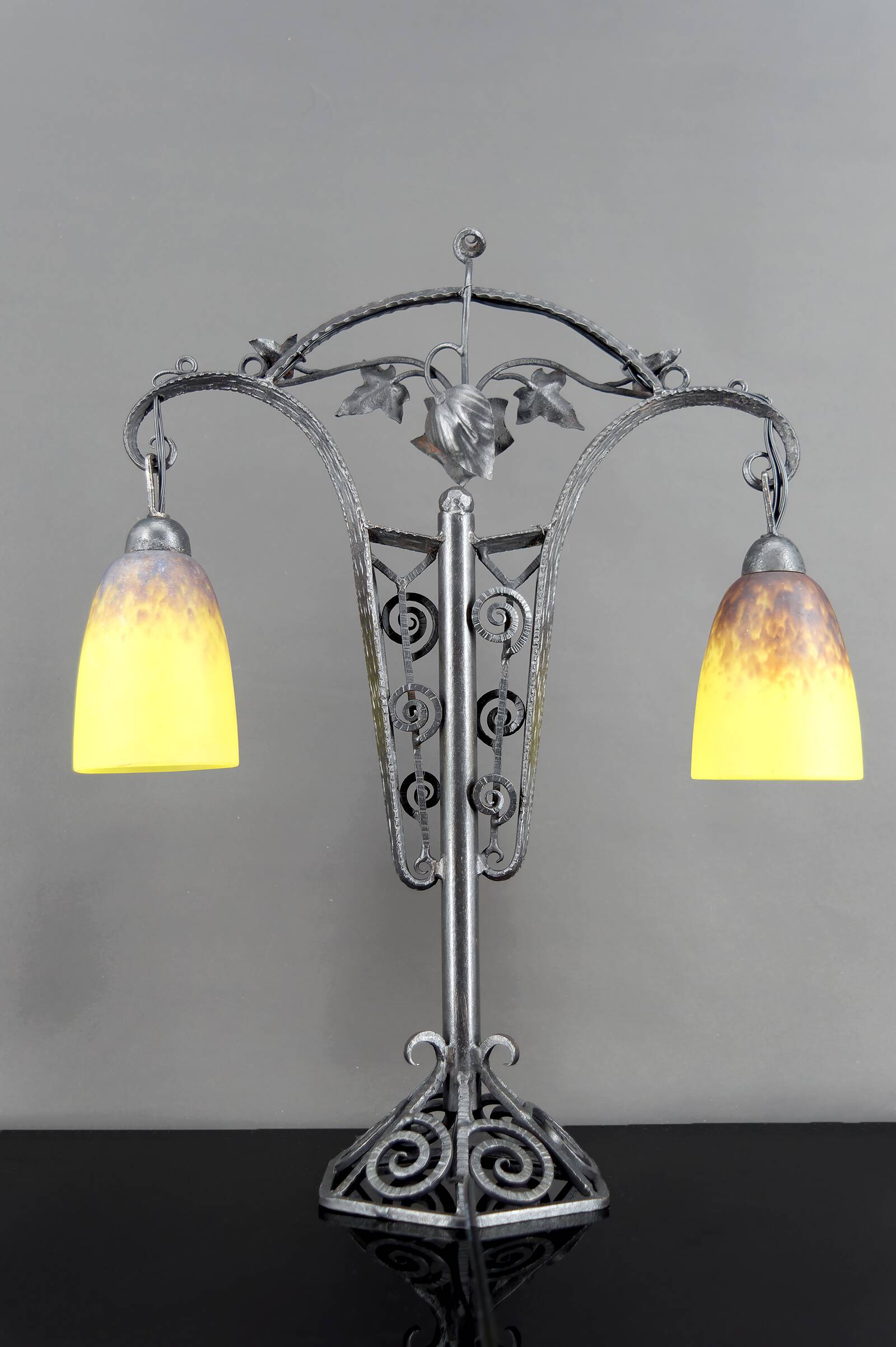 Important Double-Headed Lamp, Wrought Iron by Schneider, France, c. 1920