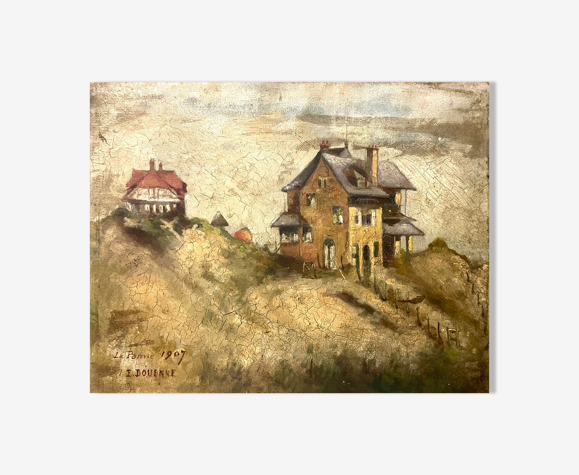 Peinture à l’huile, maisons sur la côte du nord de la France 1910