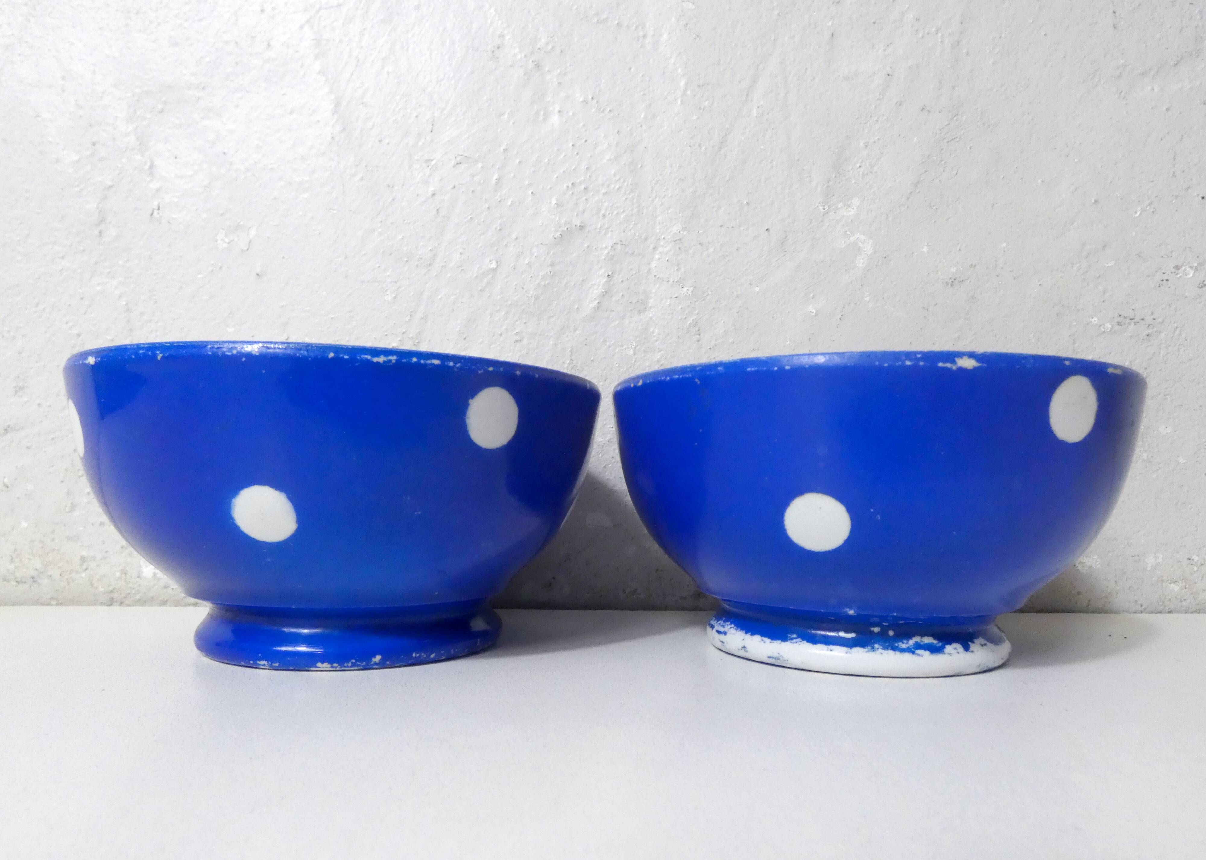 2 small old blue polka dot porcelain bowls from Longchamp
