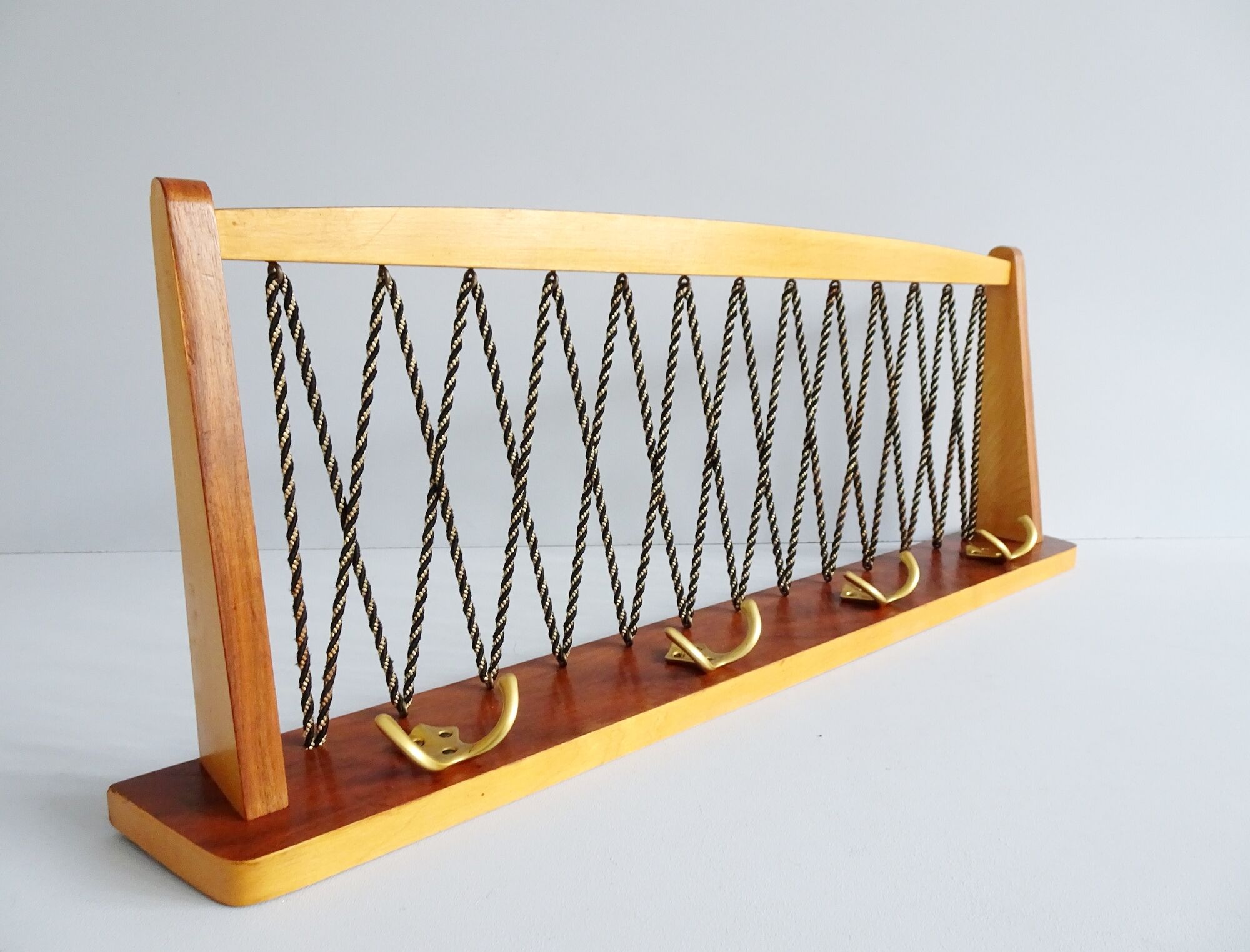 Wall coat rack with hat shelf made of wood and cords, Mid Century coat rack