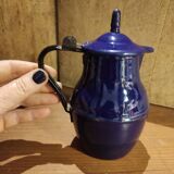Small vintage French jug with lid, in blue enamel