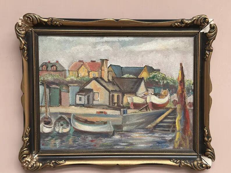 Original Swedish Oil on Panel – “Village and Harbour” by G. Fogler – Signed – Vintage & Framed – 49 × 39 cm (19.2" × 15.3")