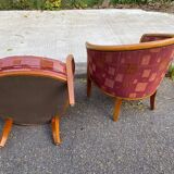 2 club chairs in curved solid wood and embroidered silk burgundy fabric.