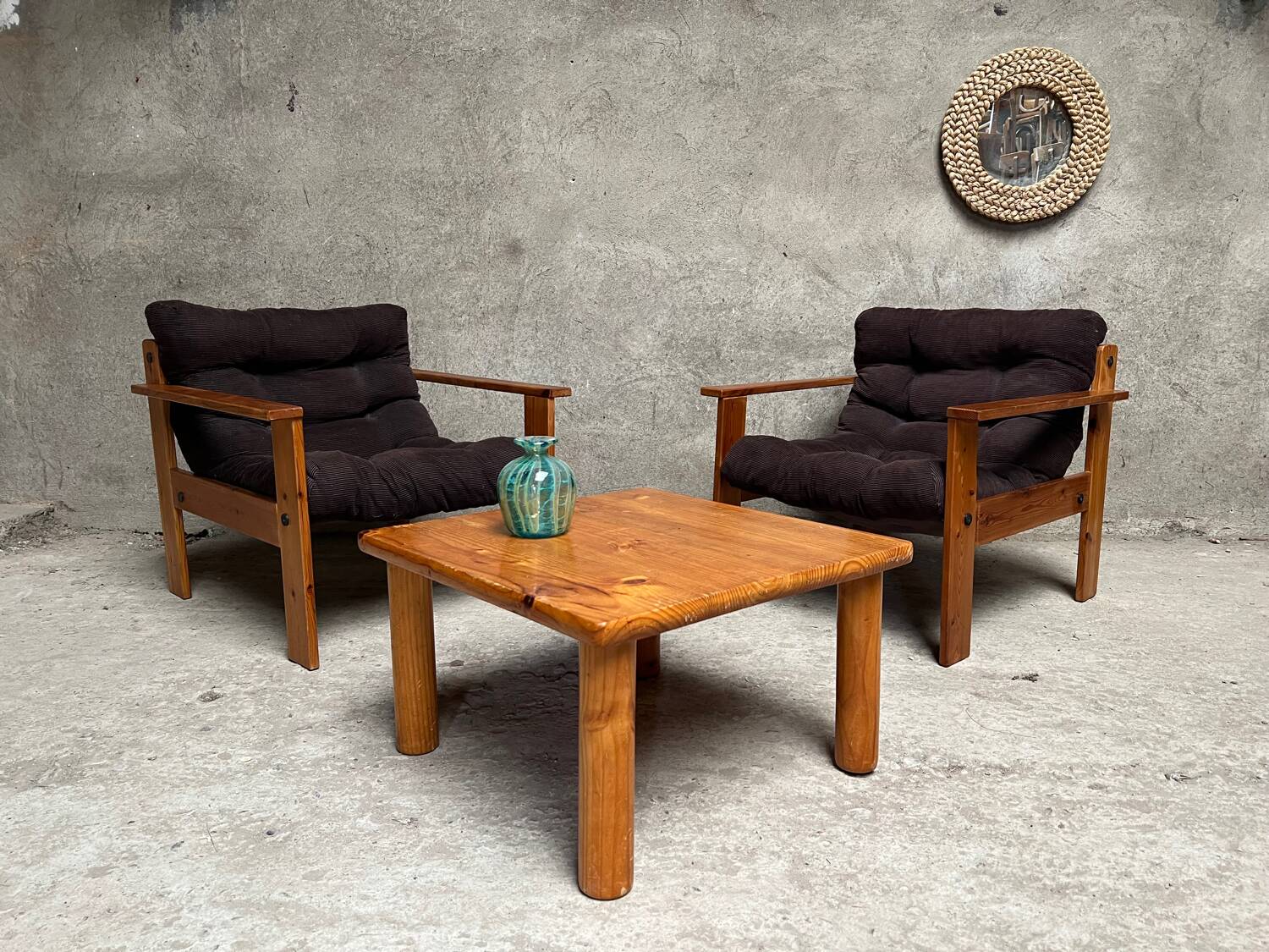 Pair of vintage pine armchairs 1970 1980 design look