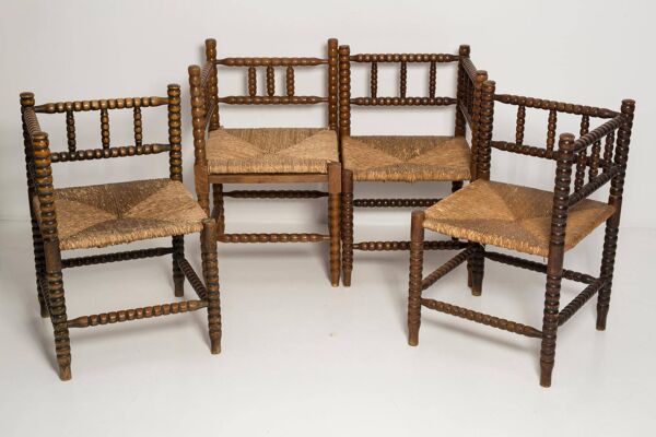 Chaise d'angle provinciale française artisanale en bois et paille, 1940s