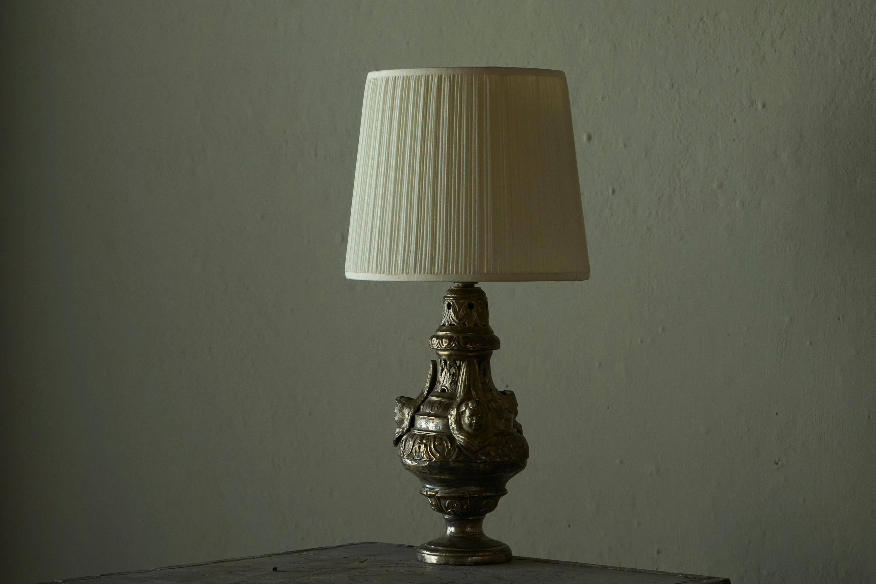 Antique Table Lamp in Patinated Brass and Silver, 19th Century