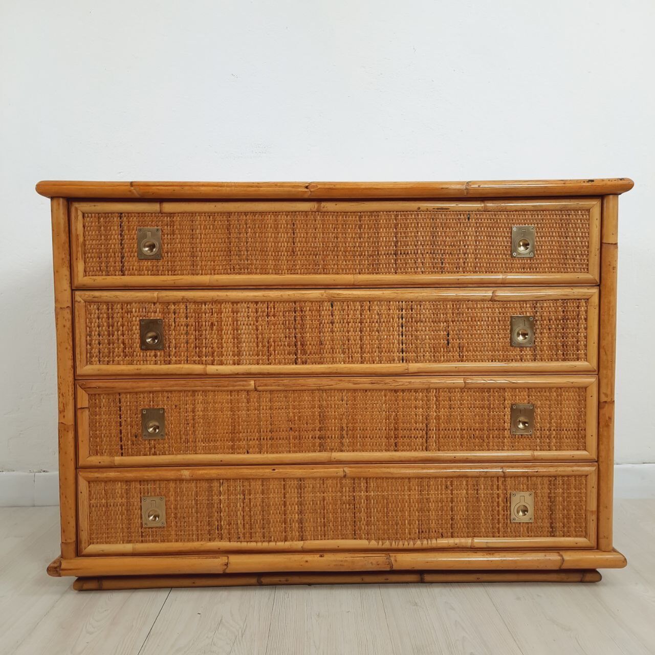 Chest of drawers, dresser, 1960s, Dal vera, bamboo and wicker, brass handles