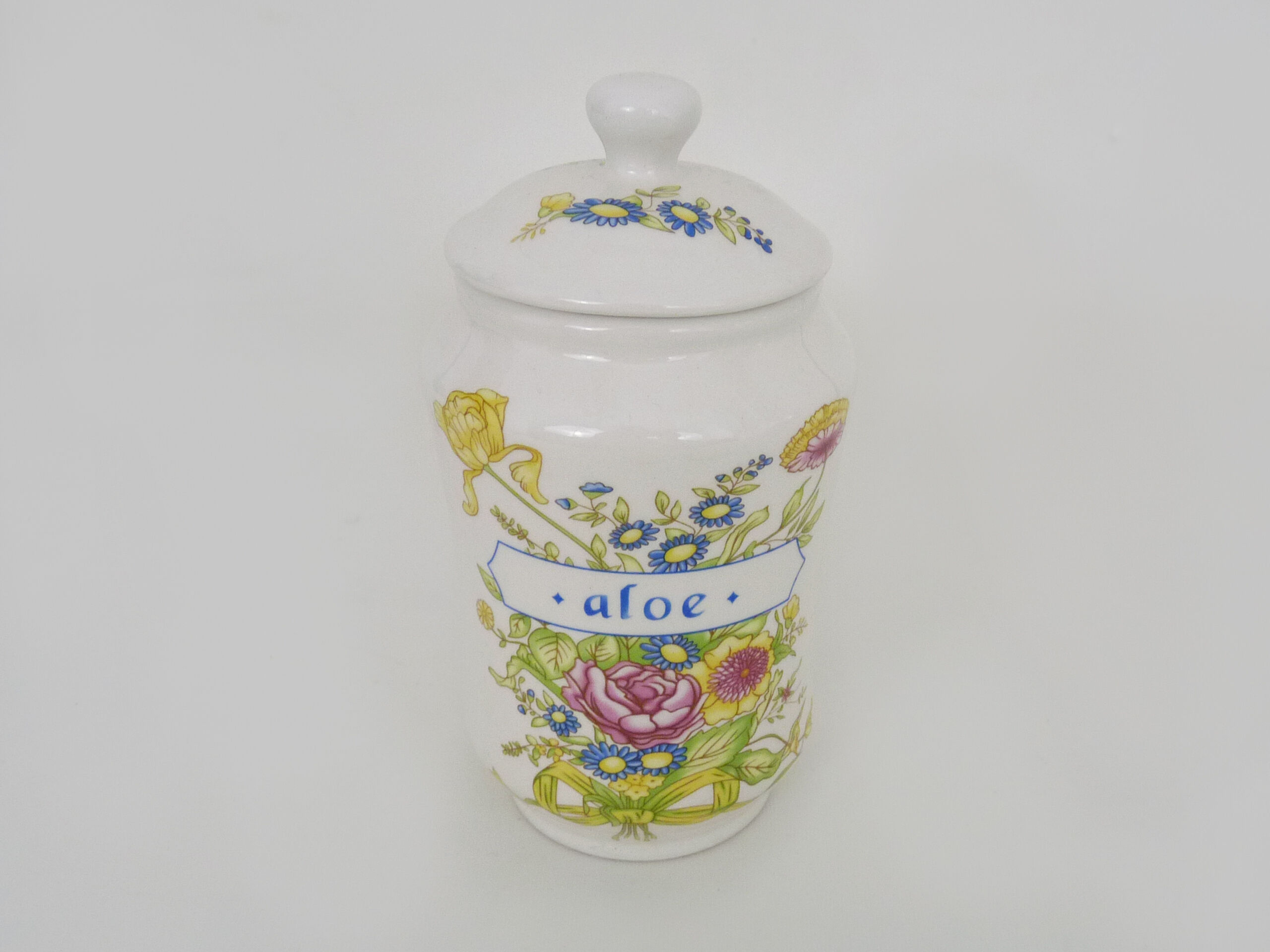 Old apothecary pot, ceramic Aloe medicine jar. Year 70 80