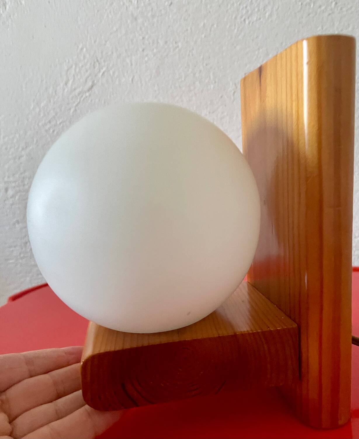 Vintage pine wall lamp with opaline globe