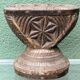 Brutalist candlestick, antique Asian grain sorter in carved wood.