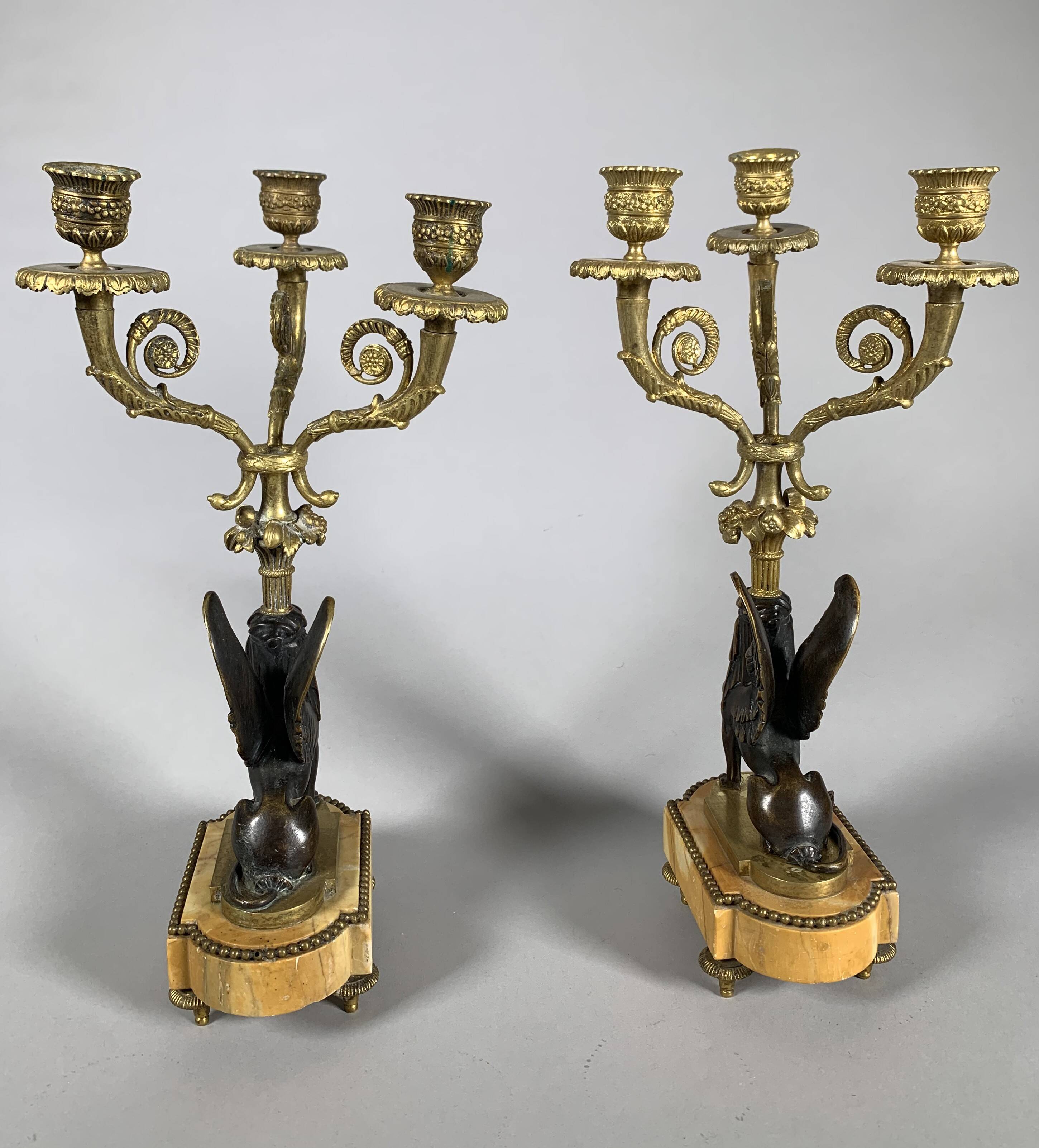 Paire De Candelabres Aux Sphinges En Bronze Dore,  XIXeme Siècle