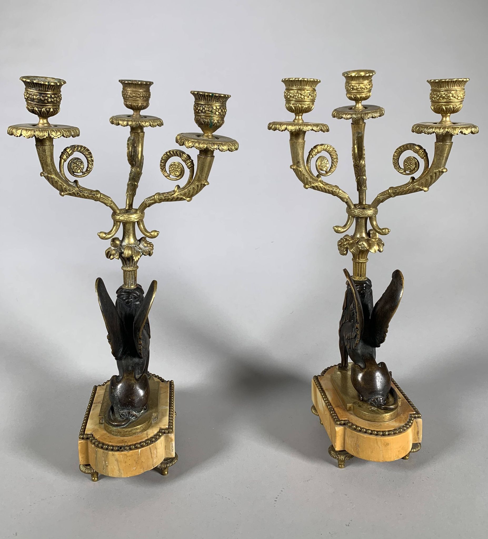 Paire De Candelabres Aux Sphinges En Bronze Dore,  XIXeme Siècle
