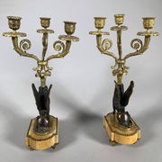Paire De Candelabres Aux Sphinges En Bronze Dore,  XIXeme Siècle