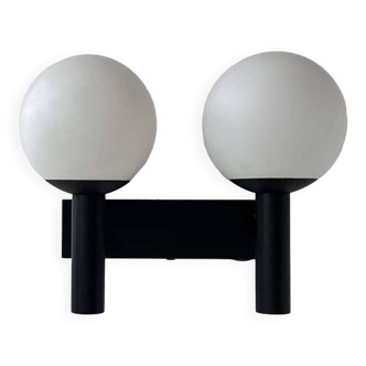 Vintage double wall lamp, opaline and black lacquered metal, Raak Netherlands 1960