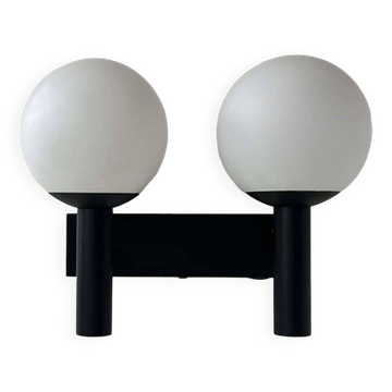 Vintage double wall lamp, opaline and black lacquered metal, Raak Netherlands 1960