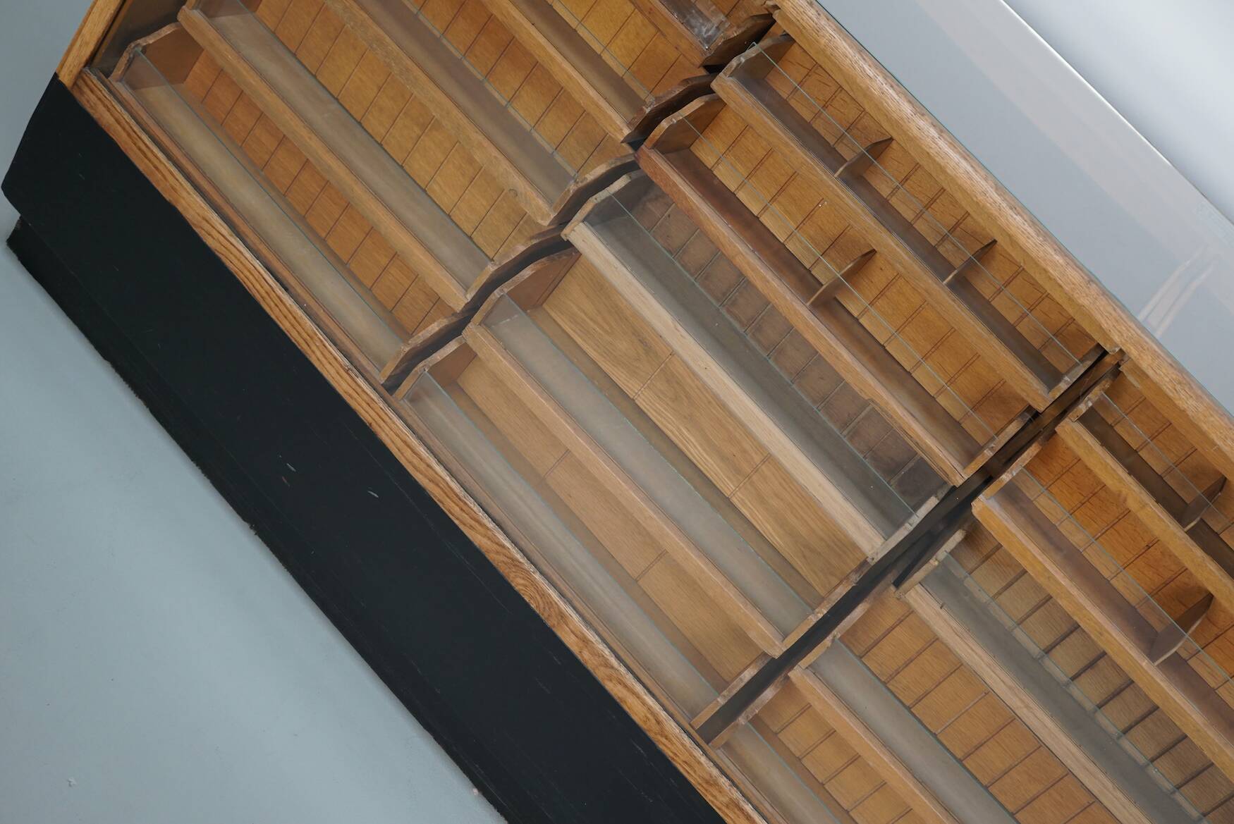 Vintage German Oak Glass Shop Counter Haberdashery Cabinet Vitrine, ca 1950