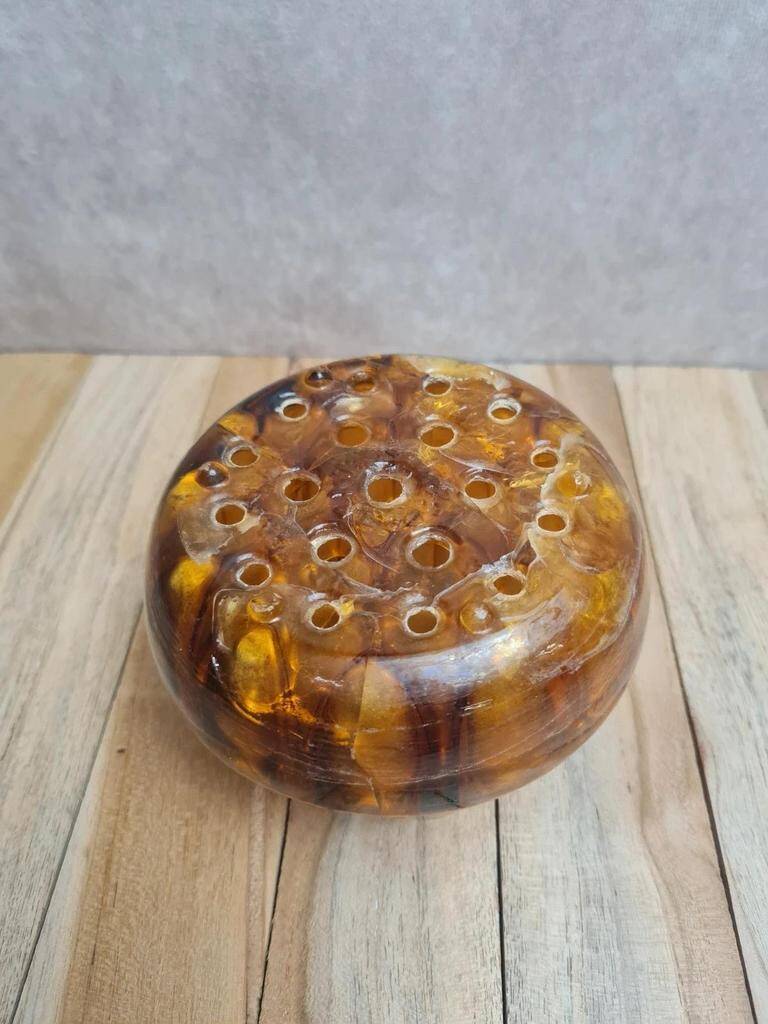 Art Deco Davidson "Cloud Glass" amber centrepiece bowl – vintage English flower holder