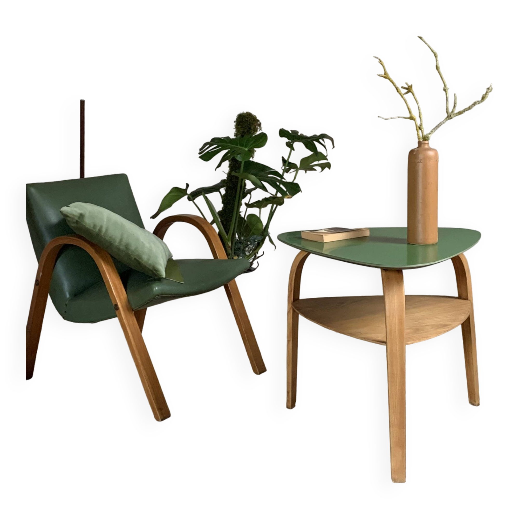 Hugues Steiner bow wood double top tripod coffee table