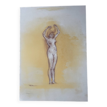 Signed sanguine pastel portrait of a woman "the hairstyle"