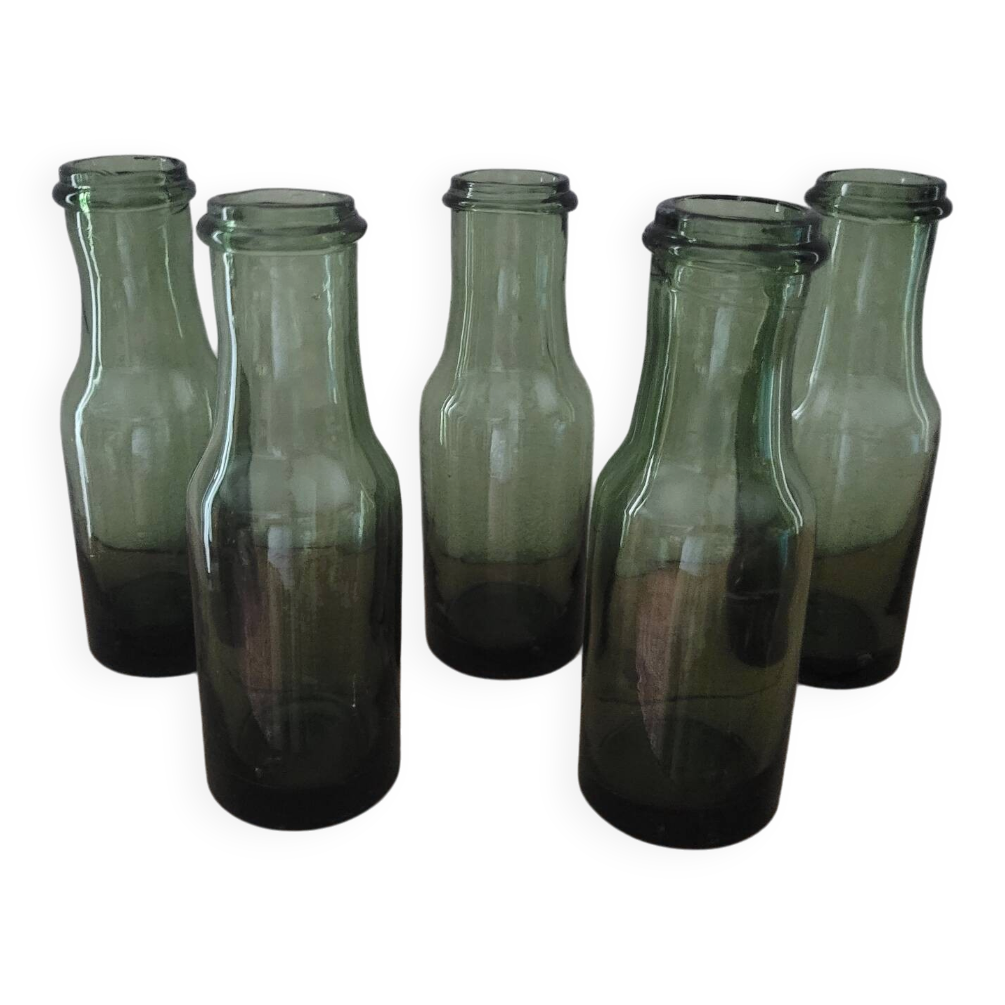 Lot of 5 vintage green bubble glass bottles (1950-1970)