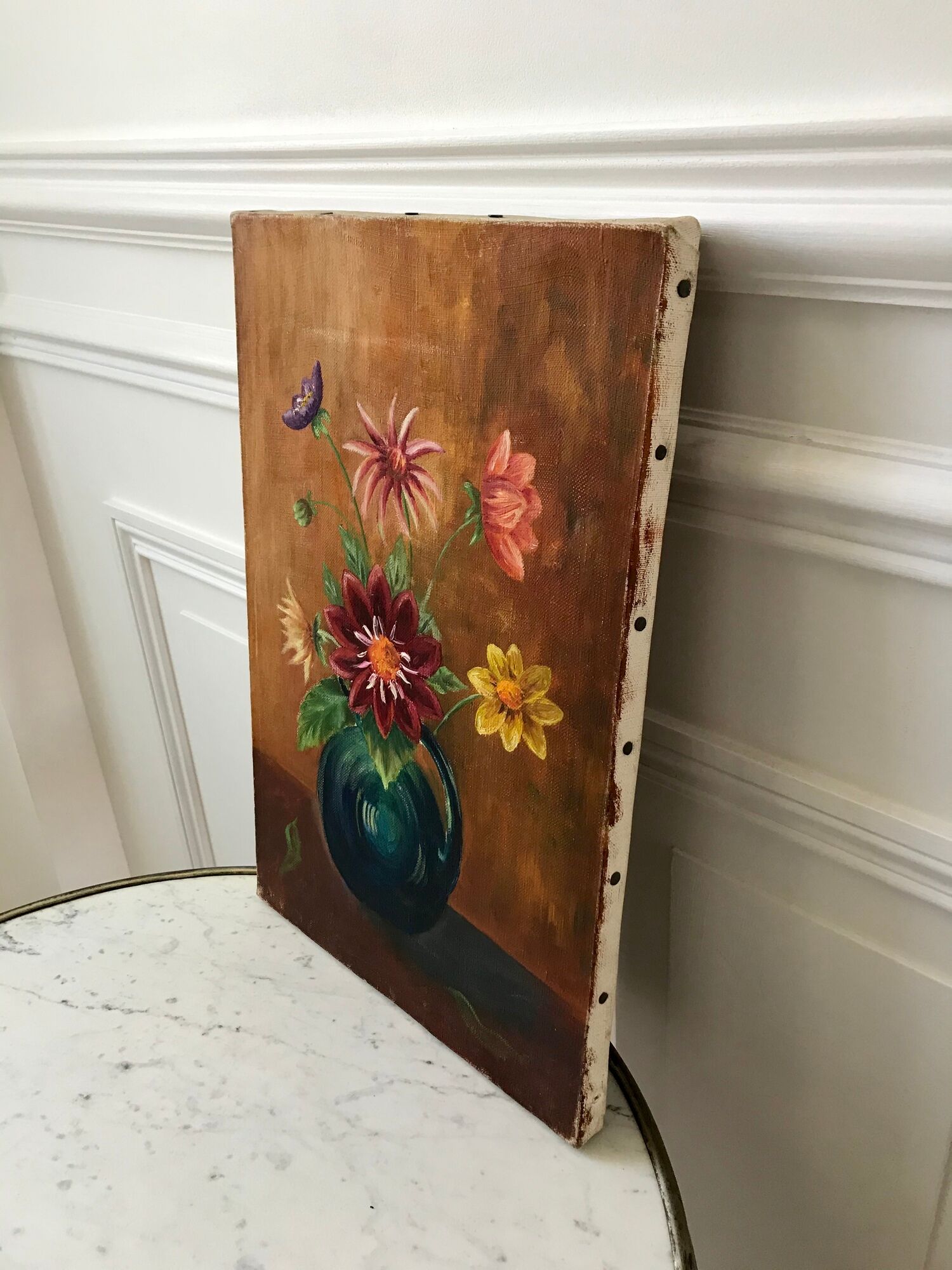 Old oil on canvas painting bouquet of vintage flowers
