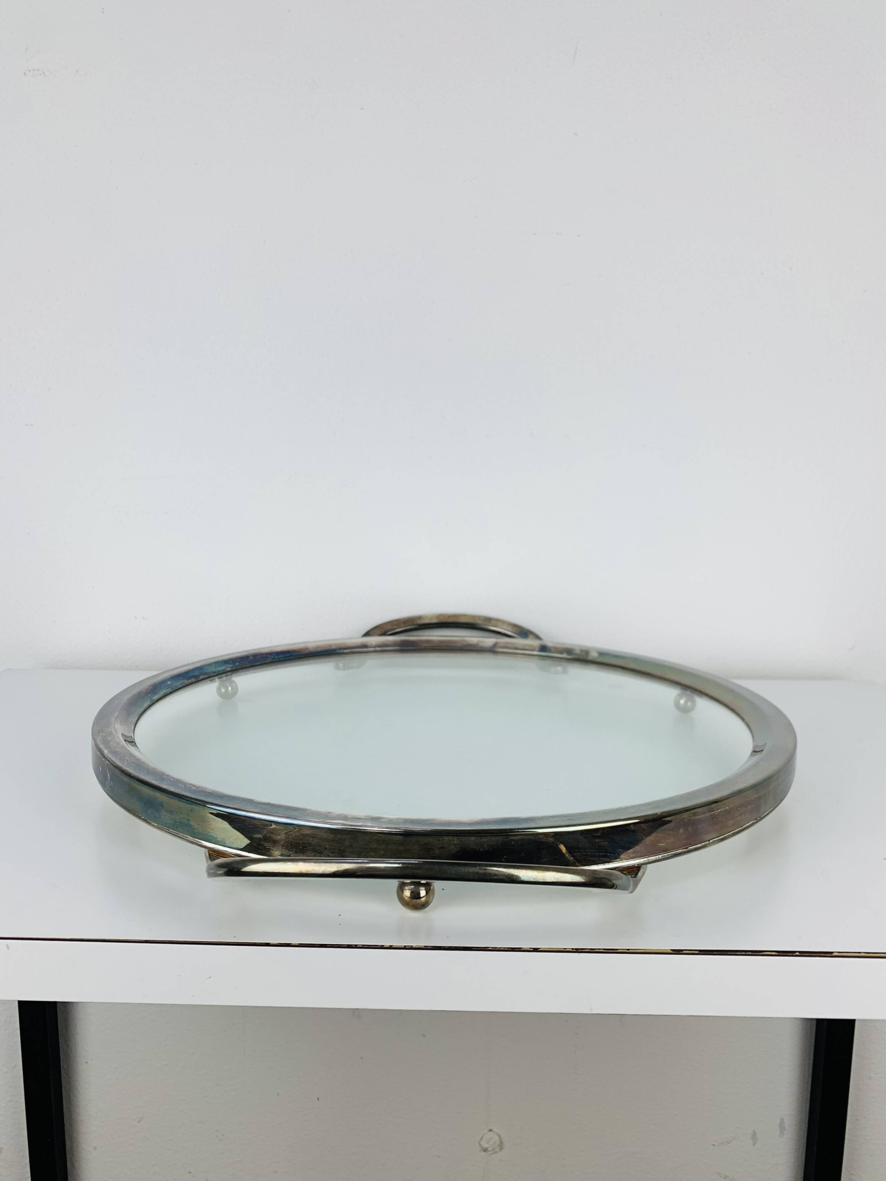 Plateau en métal argenté et verre, vintage