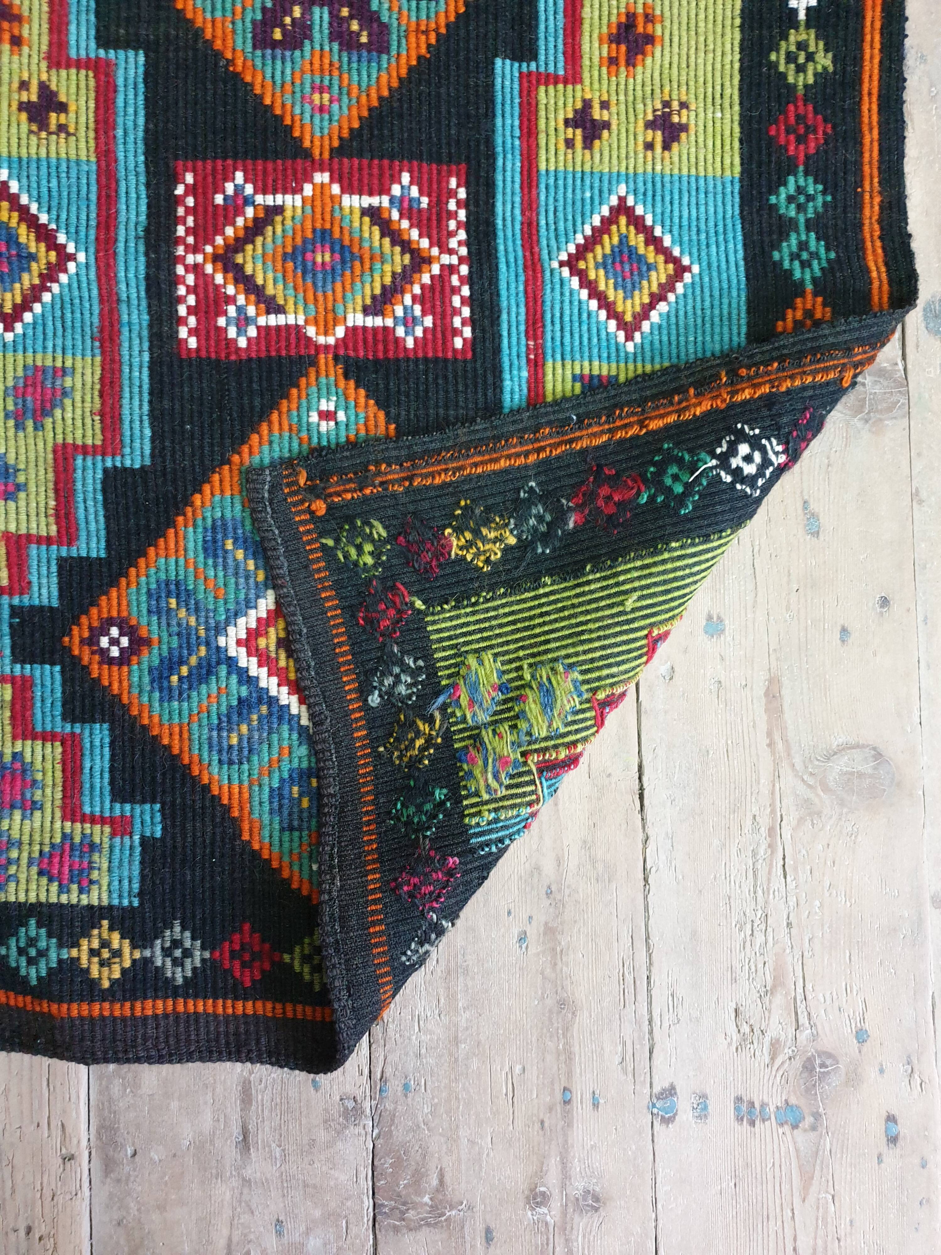 Handwoven vintage accent geometrical rug, colorful wool, Romanian carpet 220x146cm