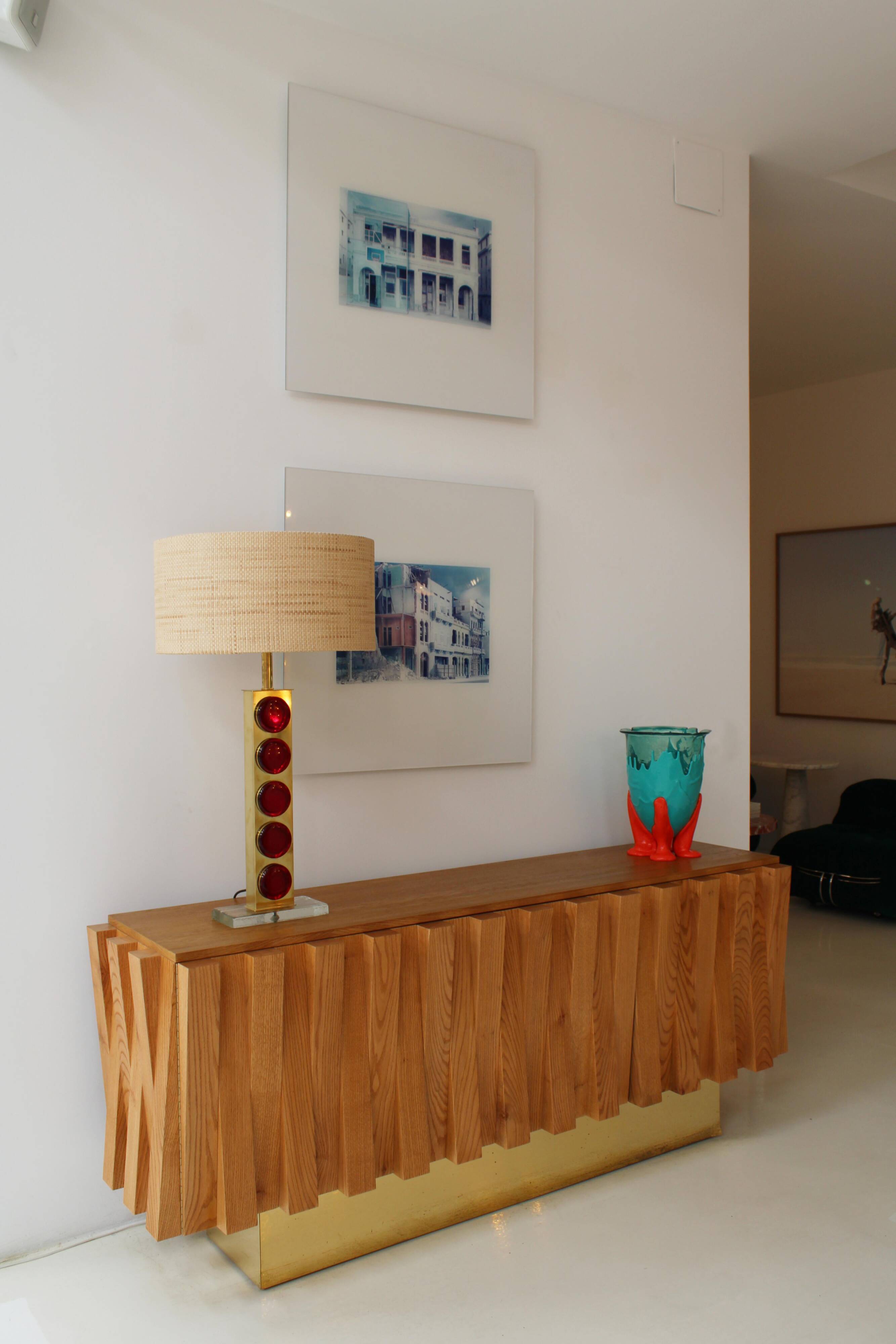Brutalist Style Cabinet, Italian Faceted Oakwood and Brass Sideboard