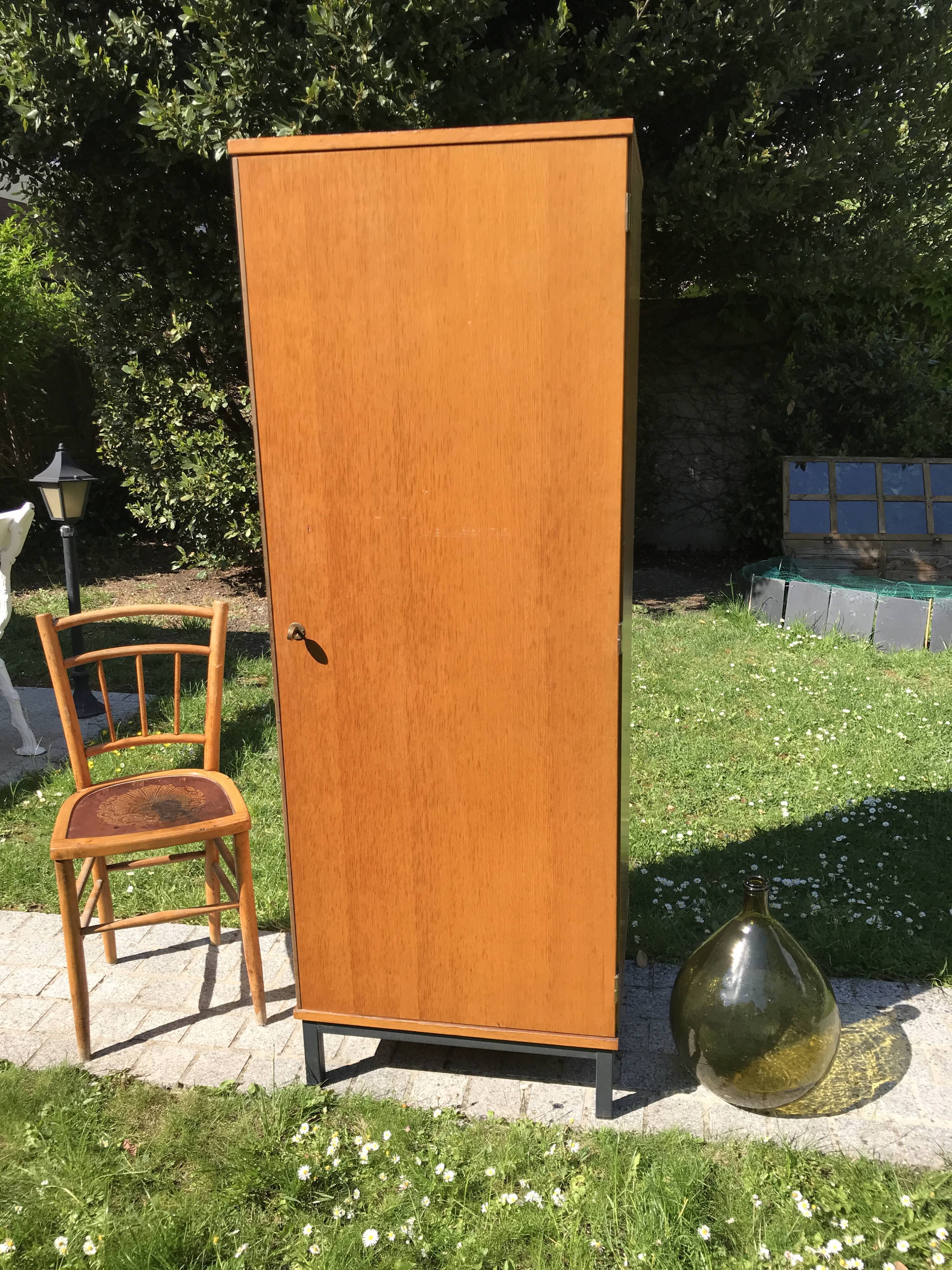 Vintage wardrobe 1960 blond wood and metal feet