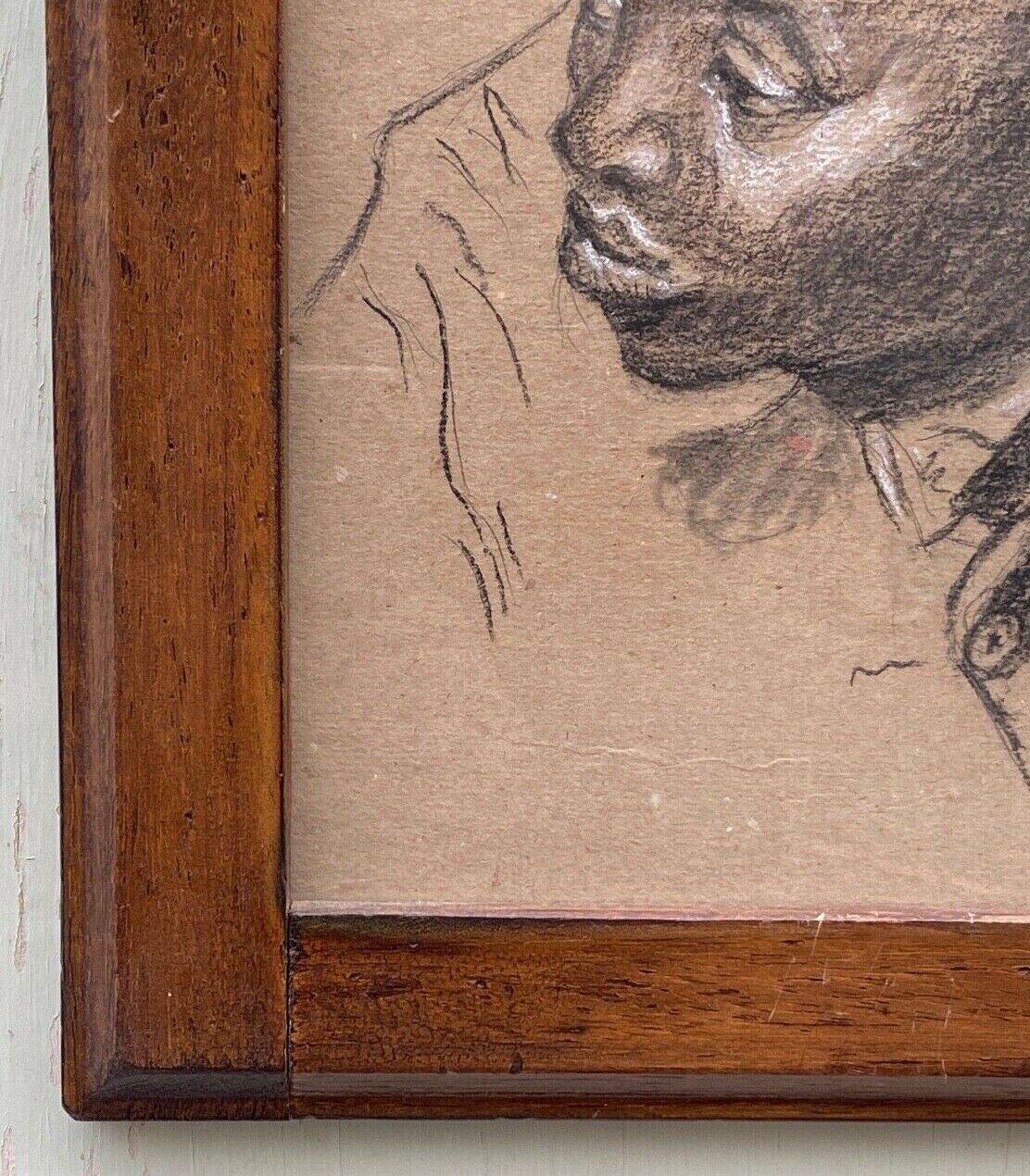 Old painting portrait of black boy in charcoal wooden frame signed RD 96