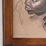 Old painting portrait of black boy in charcoal wooden frame signed RD 96