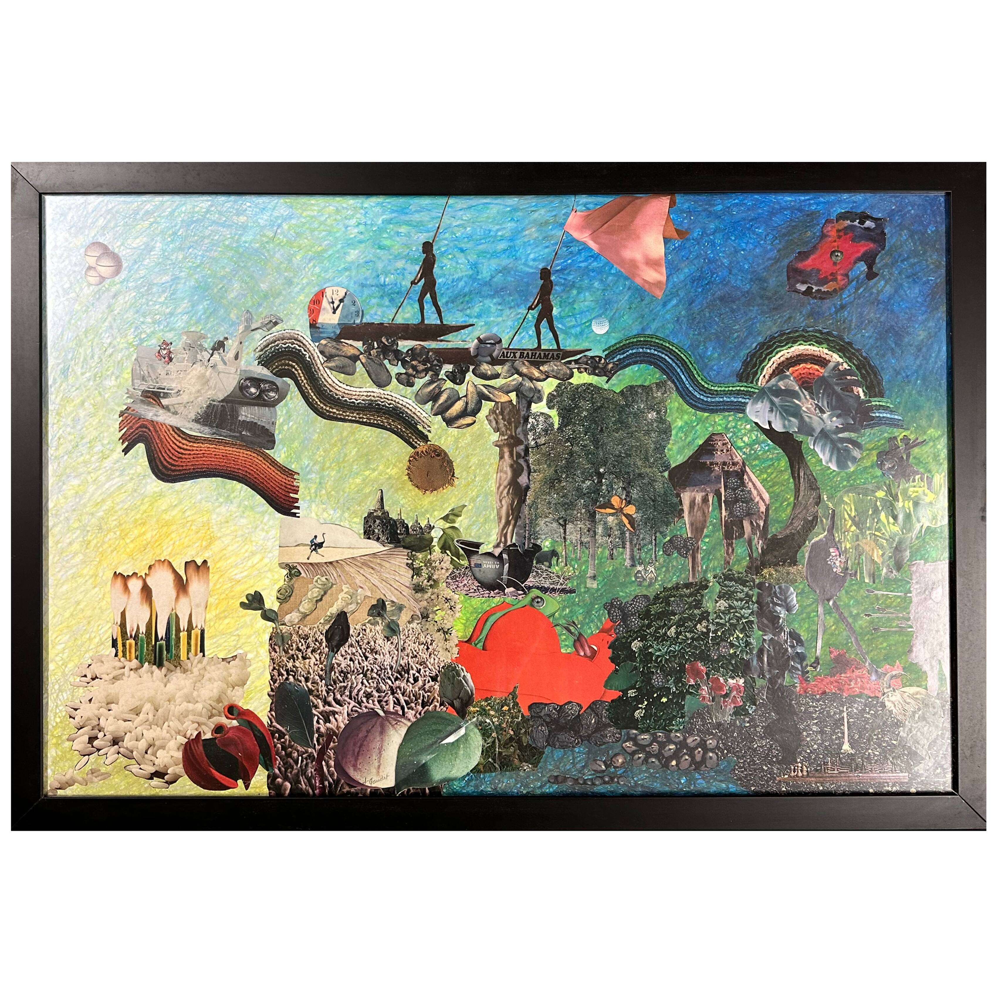 Very large framed surrealist collage by Alain Gaudet 1979