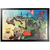 Very large framed surrealist collage by Alain Gaudet 1979