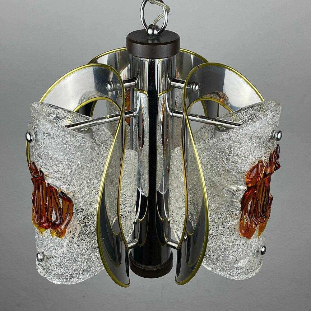Amber mid-century chrome chandelier by Toni Zuccheri for Veart, Italy, 1970s.