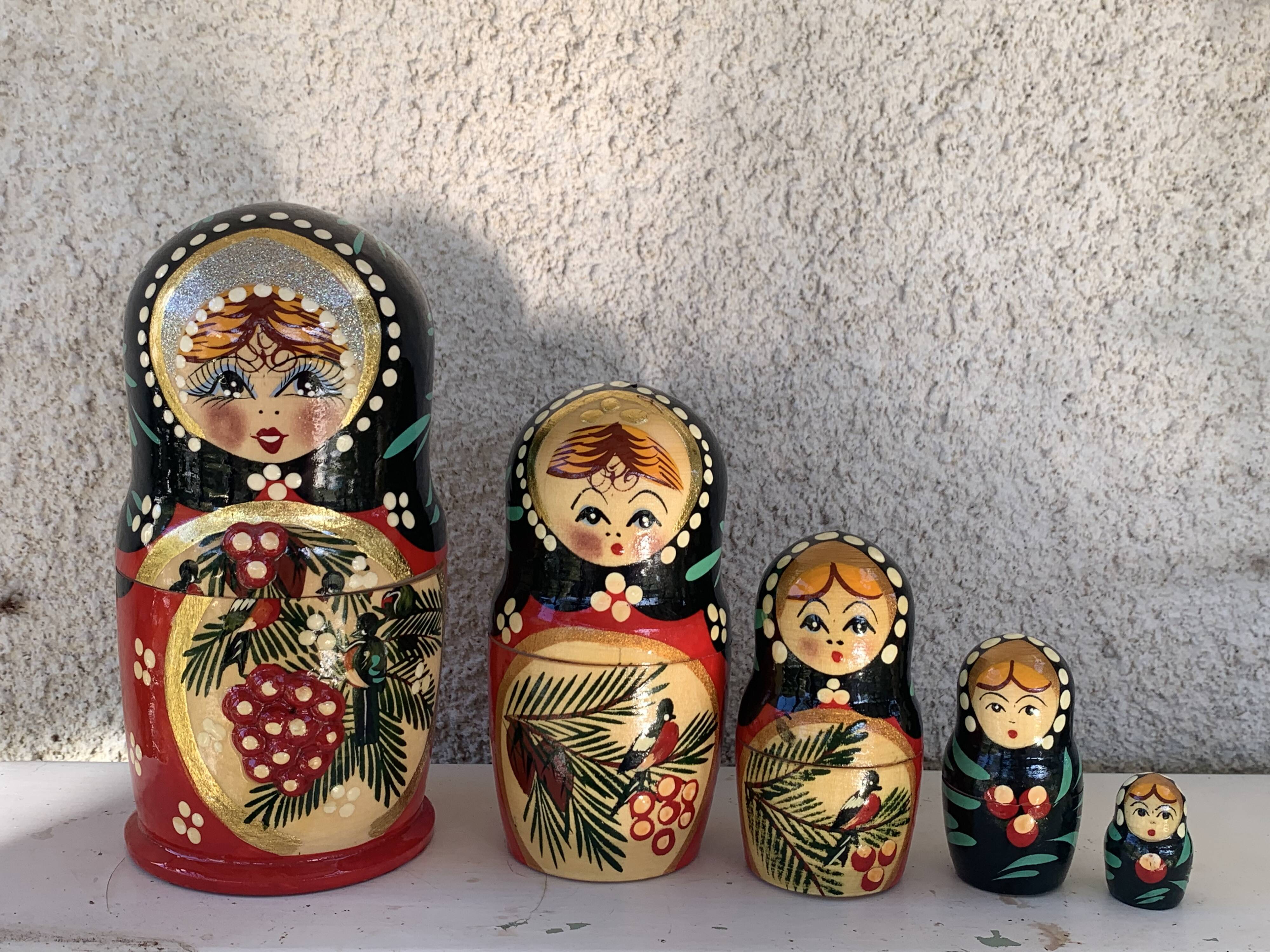 5 Russian matryoshka dolls made of folk and vintage handmade wood