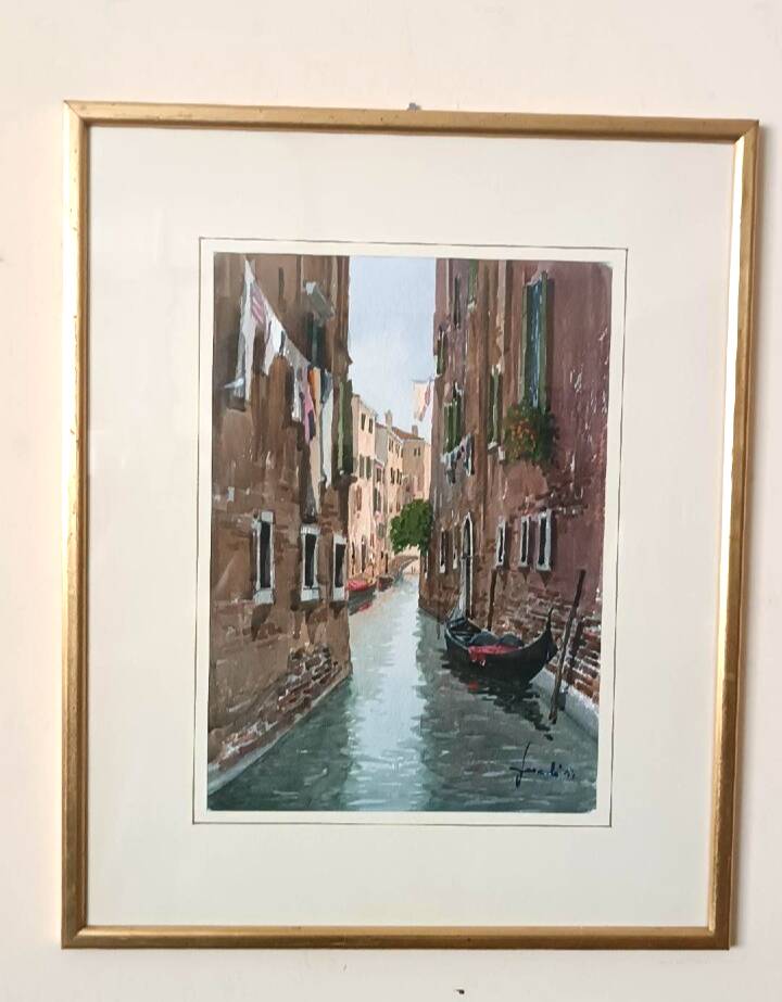 Watercolor depicting a glimpse of a canal in Venice or Chioggia signed
