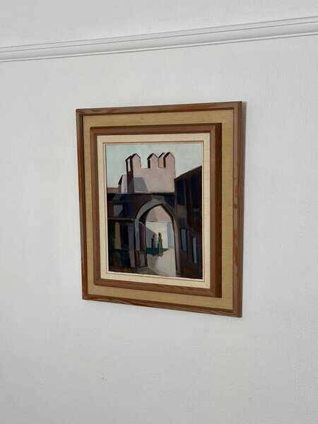 Original mid-century Swedish oil on canvas – “Entrance” by Reuben Hedin – vintage & framed – 55 × 63 cm