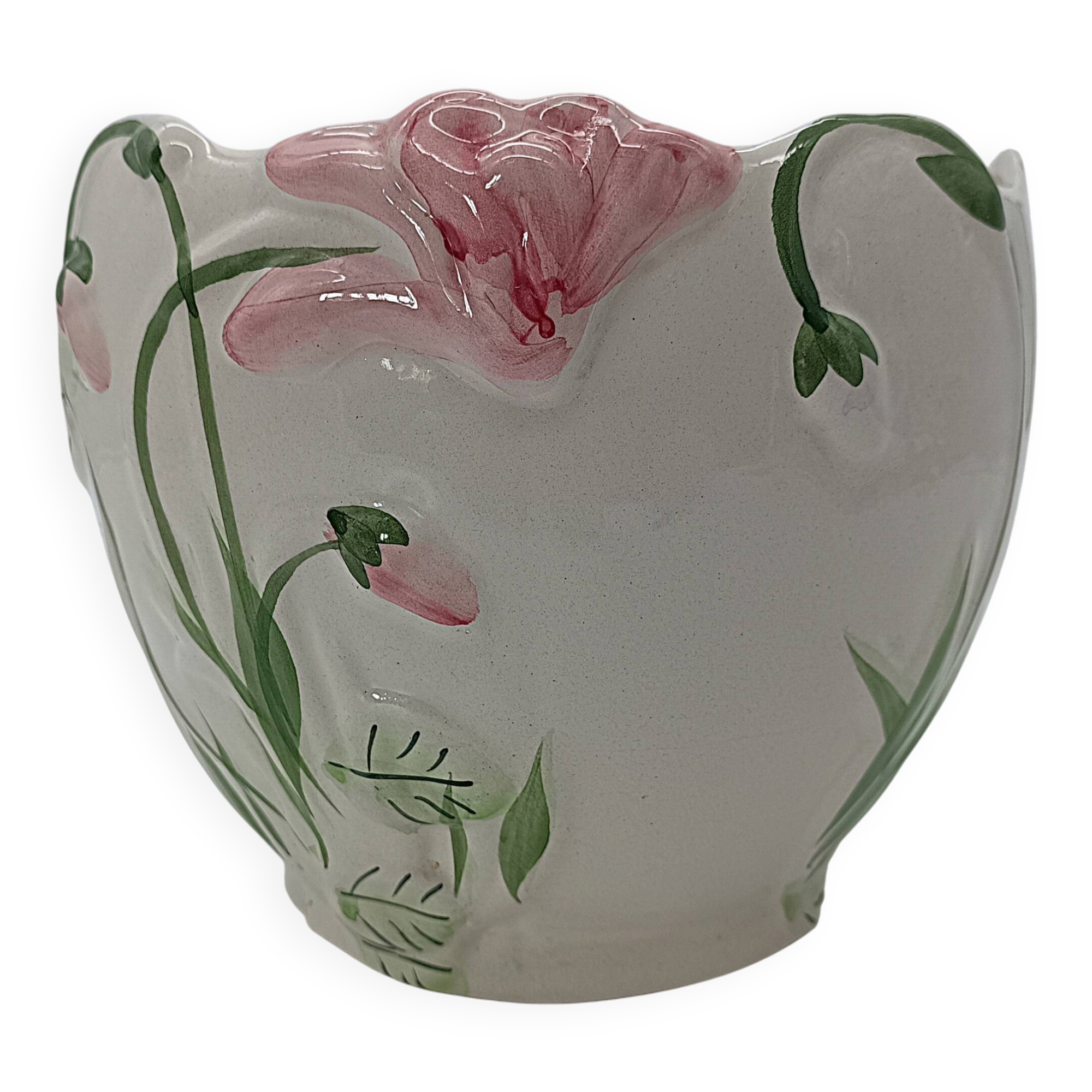 Vintage ceramic cache-pot with floral relief (Barbotine) – Ø 20 cm