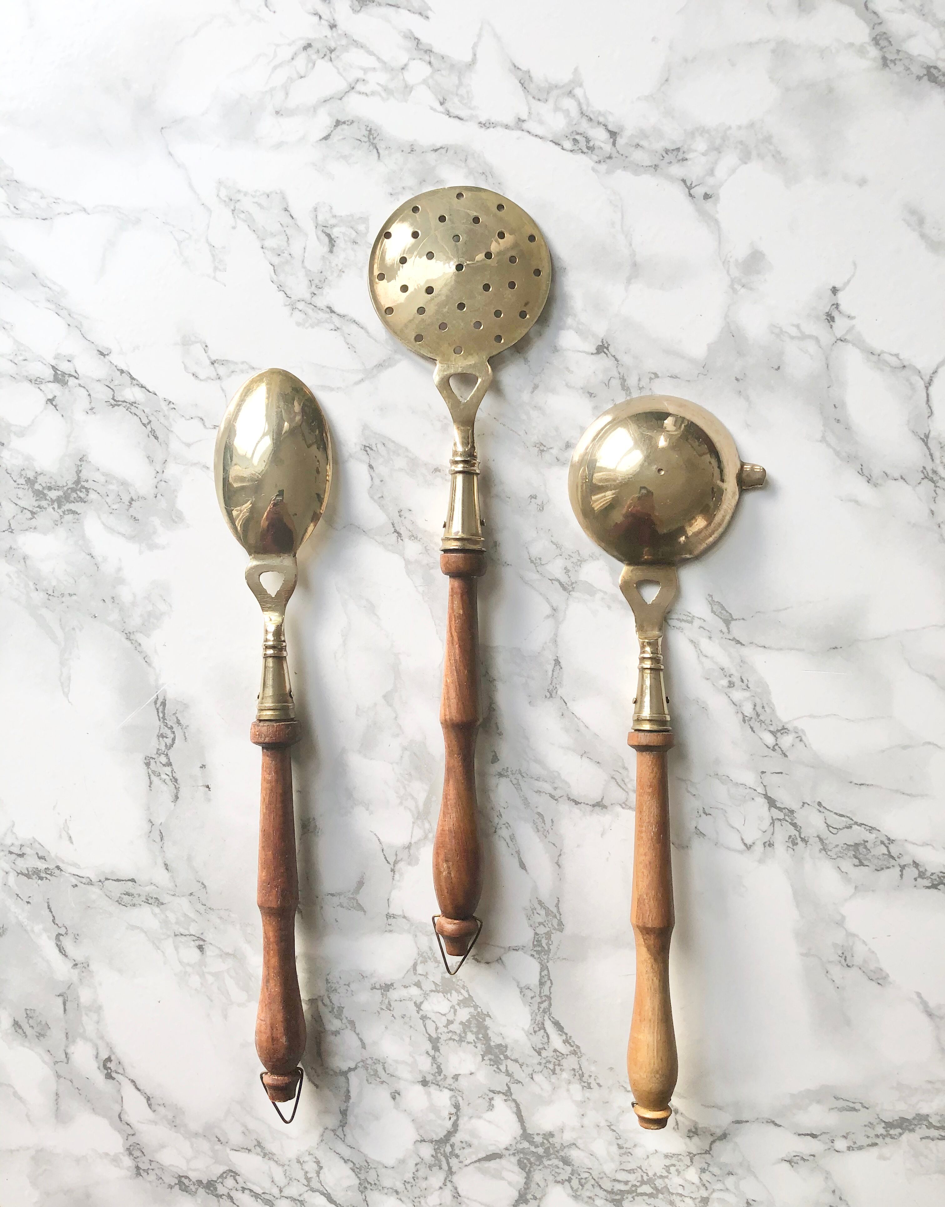 Set of 3 vintage wooden and brass kitchen utensils