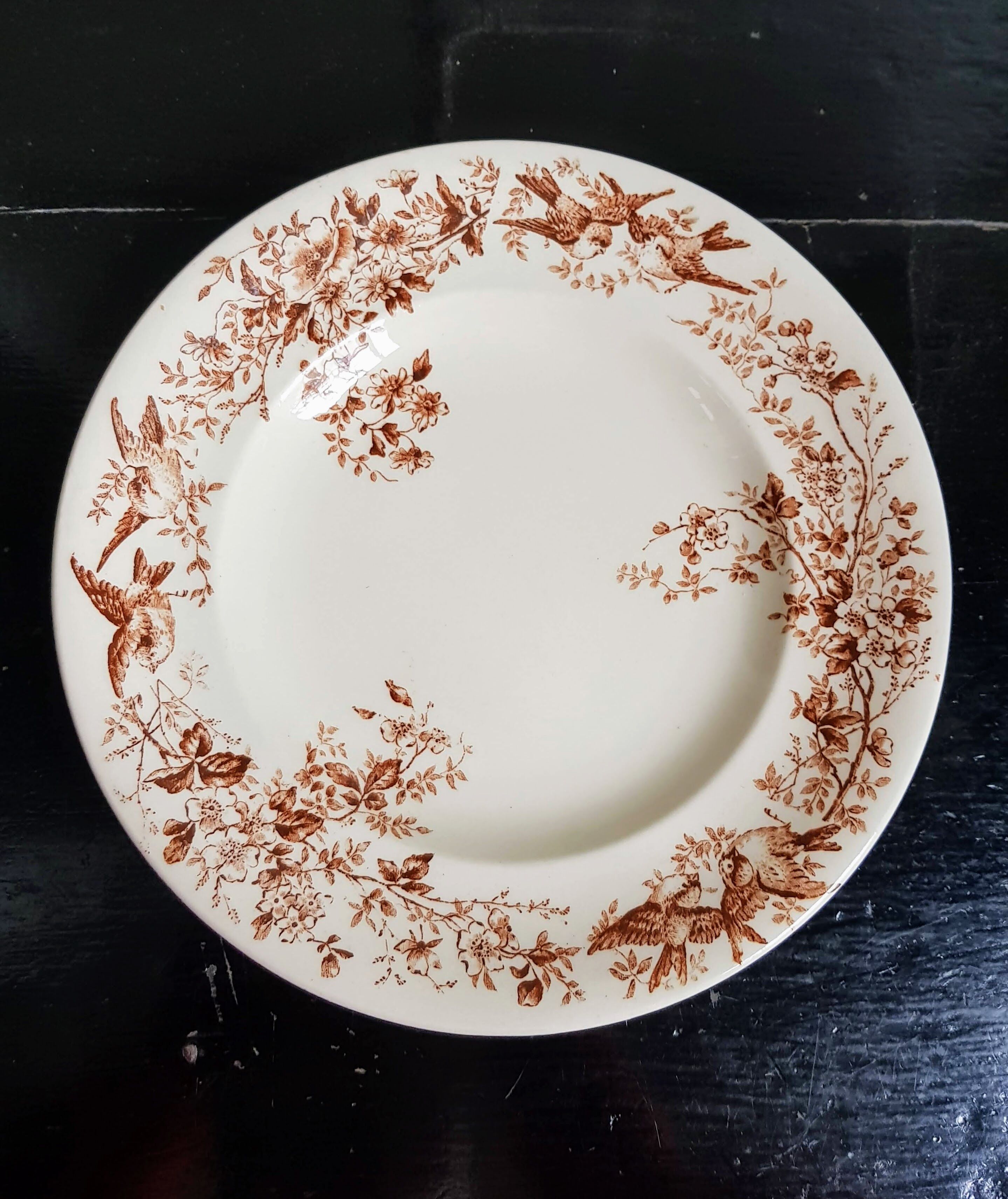 Set of Five Antique French Ceramic Plates with Birds and Flowers - Longwy - late XIX century